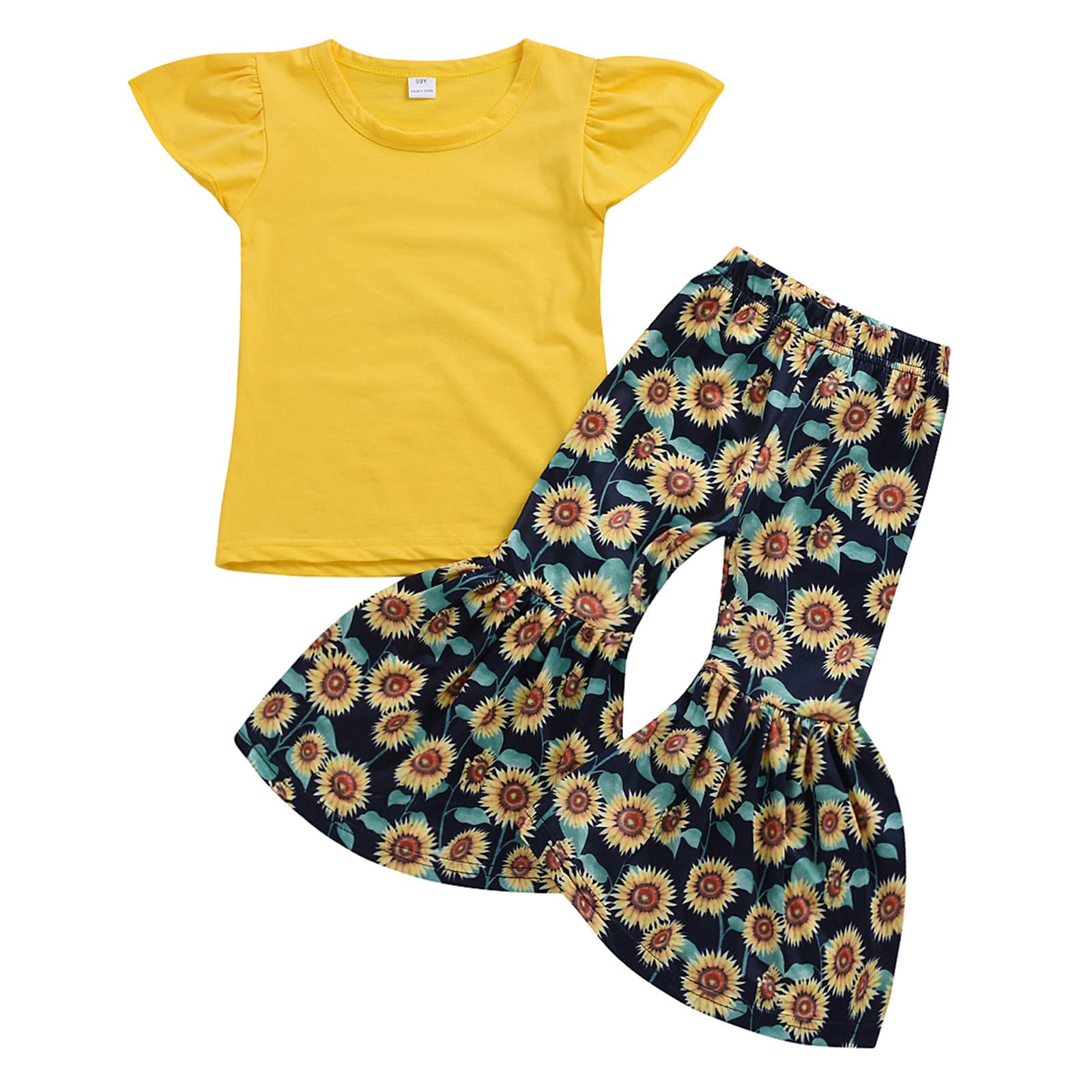 **Toddler Girls' Sunflower Print T-Shirt & Flared Trousers Set - Casual Yellow Outfit for 4-5 Years - Perfect for Playdates, Preschool & Summer Adventures**