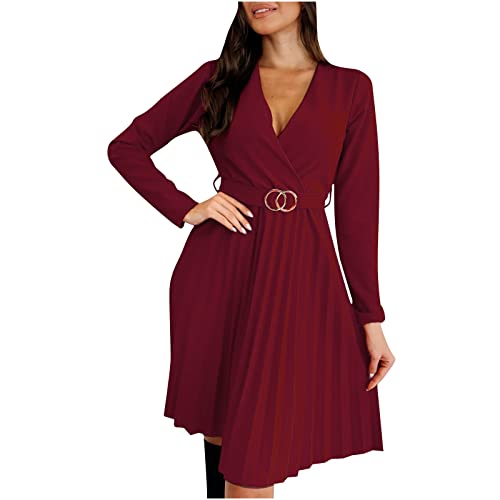 Elegant Women's Long Sleeve Wrap Dress V-Neck Pleated Formal Dress with Belt - Perfect for Spring Weddings, Office Wear & Holiday Parties