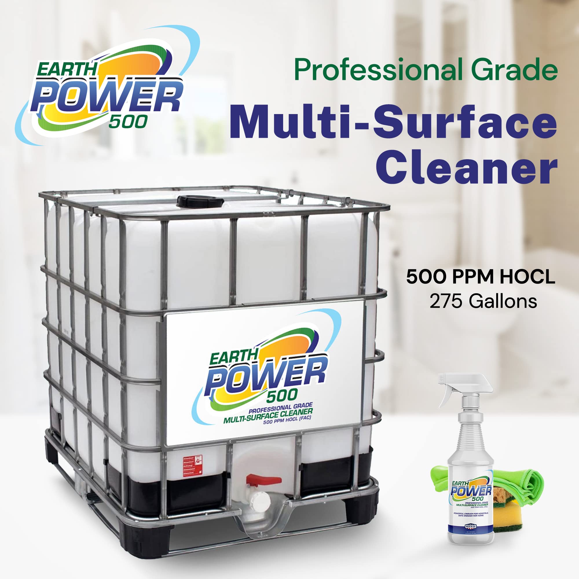 Earth Power Hypochlorous Acid 500 PPM Multipurpose Cleaner | One-Step Disinfectant for Home, Office & Industrial Use | Food Safe, Kid & Pet Friendly Cleaning Solution (275 Gallon) | Perfect for Sanitizing Kitchens, Hospitals, Schools & Public Spaces
