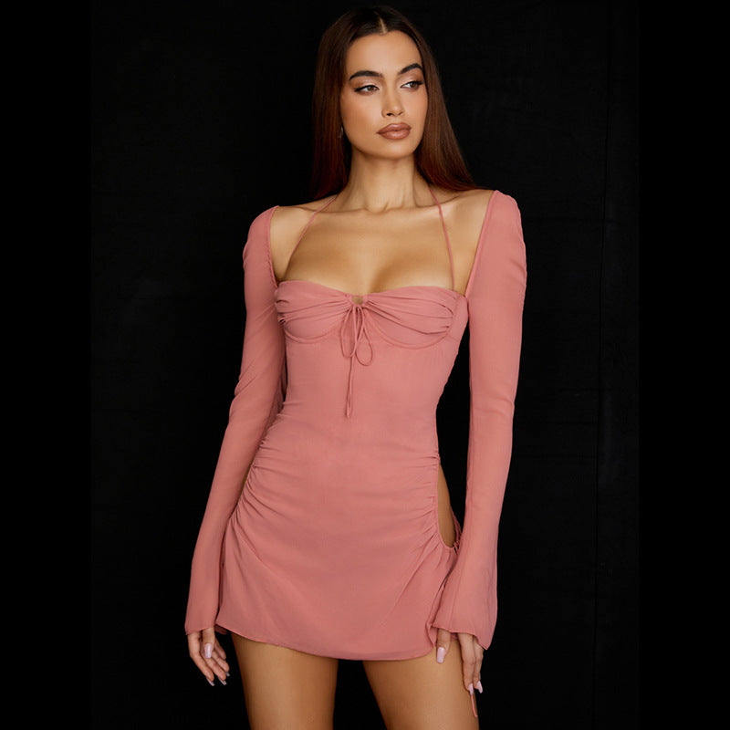 Long Sleeve High Waist Square Neck Short Skirt Pink Sexy Dress 829 | Elegant Party Outfit for Date Night, Club Wear & Special Occasions