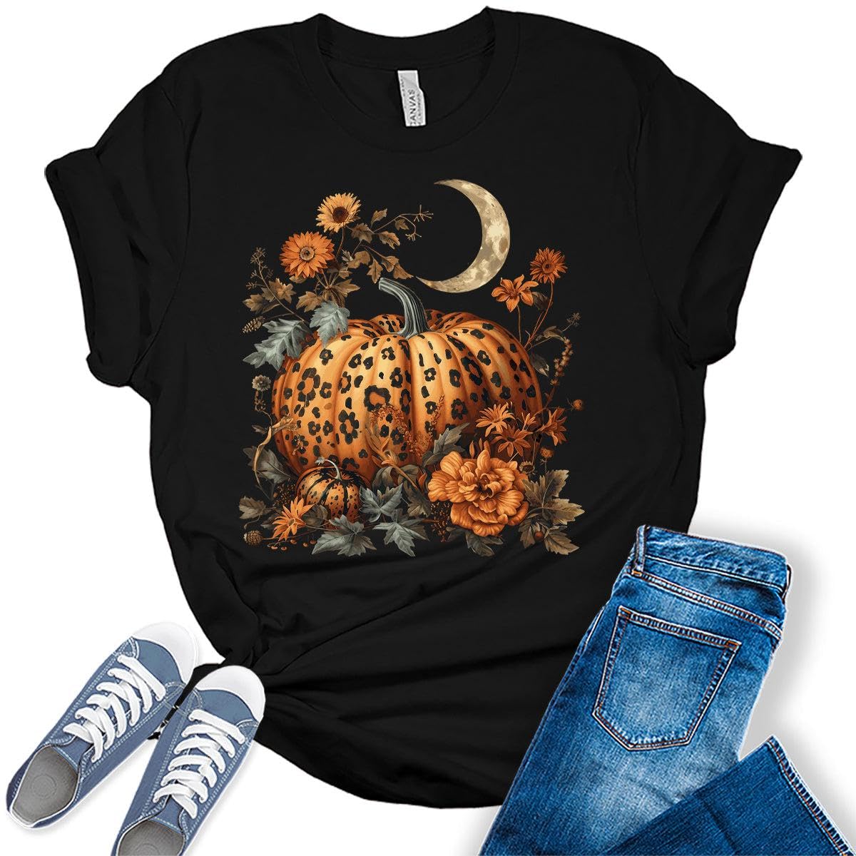 Women's Fall Tops - Vintage Pumpkin Floral Graphic T-Shirt | Cottagecore Style Halloween Tee for Girls | Perfect for Autumn Outfits, Pumpkin Patch Visits & Halloween Parties