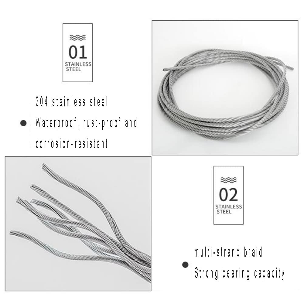 MAHFEI 3mm x 80m Stainless Steel Wire Rope Cable - Heavy Duty Anti-Rotation Wire Rope for Outdoor Use, Wire Railings, Fencing, Decking & DIY Projects (Includes 4 Card Heads) - Durable & Weather Resistant