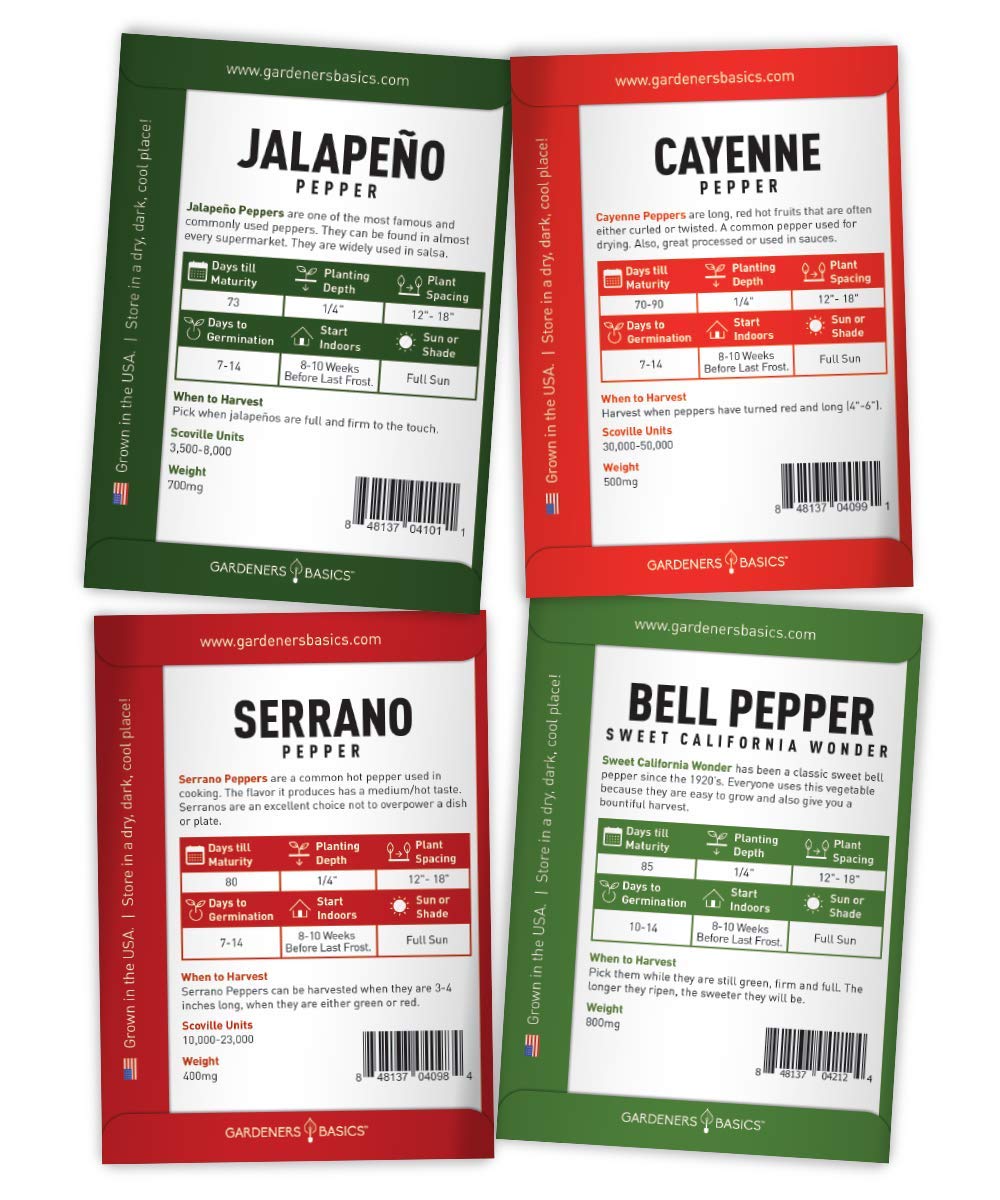 8 Variety Non-GMO Heirloom Pepper Seeds Pack - Jalapeno, Habanero, Bell, Cayenne, Hungarian Hot Wax, Anaheim, Serrano & Cubanelle for Home Gardening - Perfect for Indoor/Outdoor Planting, Vegetable Gardens & Spicy Cooking