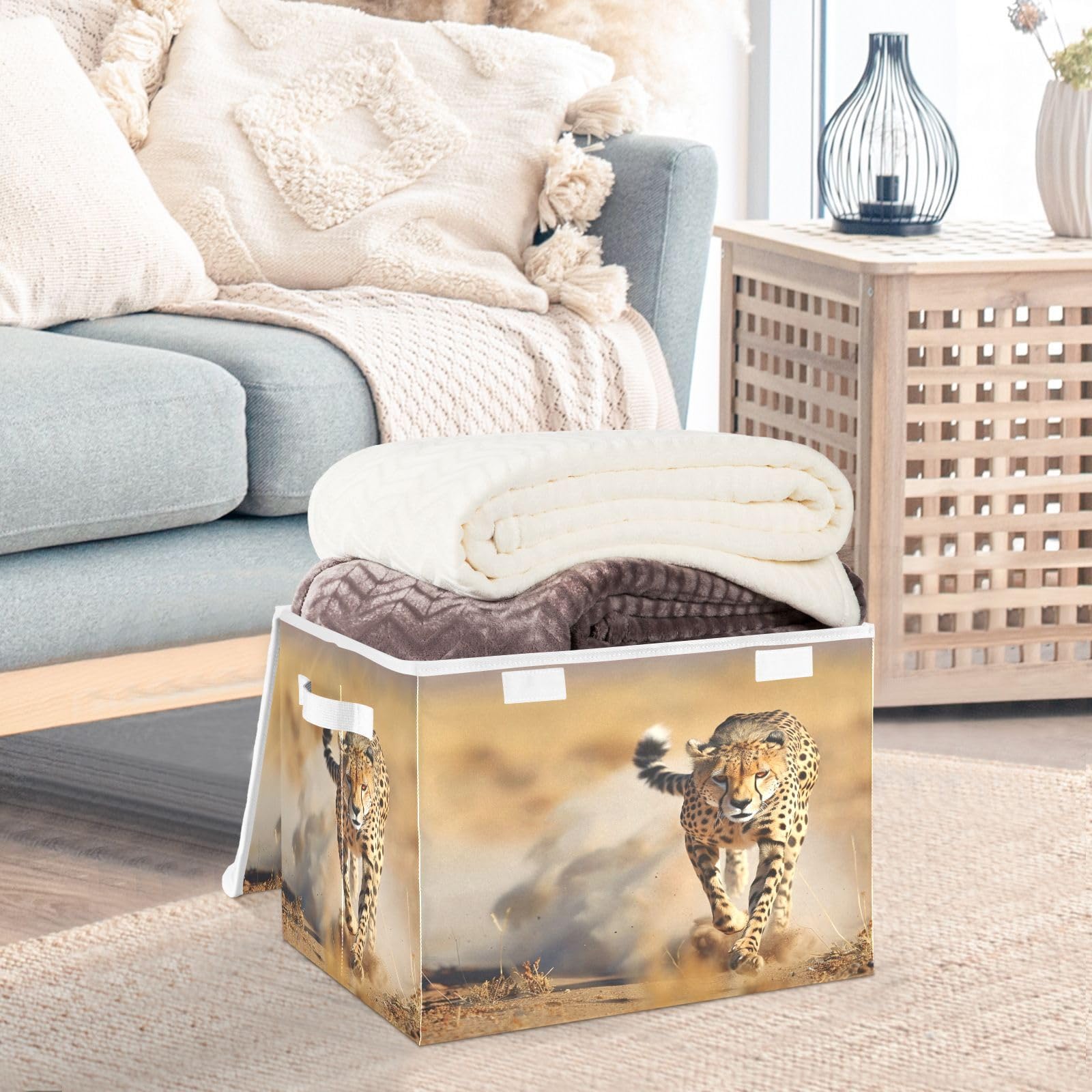 Cheetah Print Foldable Storage Bins with Lids - Collapsible Fabric Containers & Organizer Baskets for Bedroom, Closet, Office & Home Organization | Perfect for Clothes, Toys & Seasonal Storage