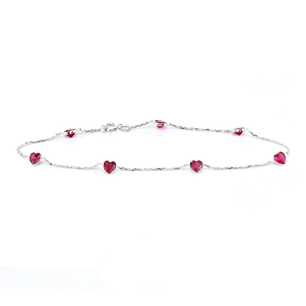 14K White Gold Ankle Bracelet with Ruby Heart & Cubic Zirconia | Adjustable 9-11 Inches | Elegant Foot Jewelry for Women | Perfect for Beach, Parties & Special Occasions