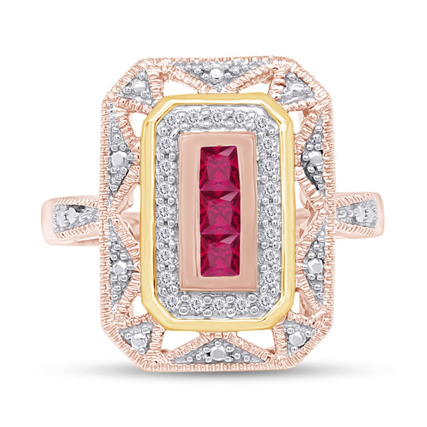 Sterling Silver Art Deco Style Ring with Created Ruby and White Natural Diamond Accents - Elegant Jewelry for Weddings, Parties & Special Occasions