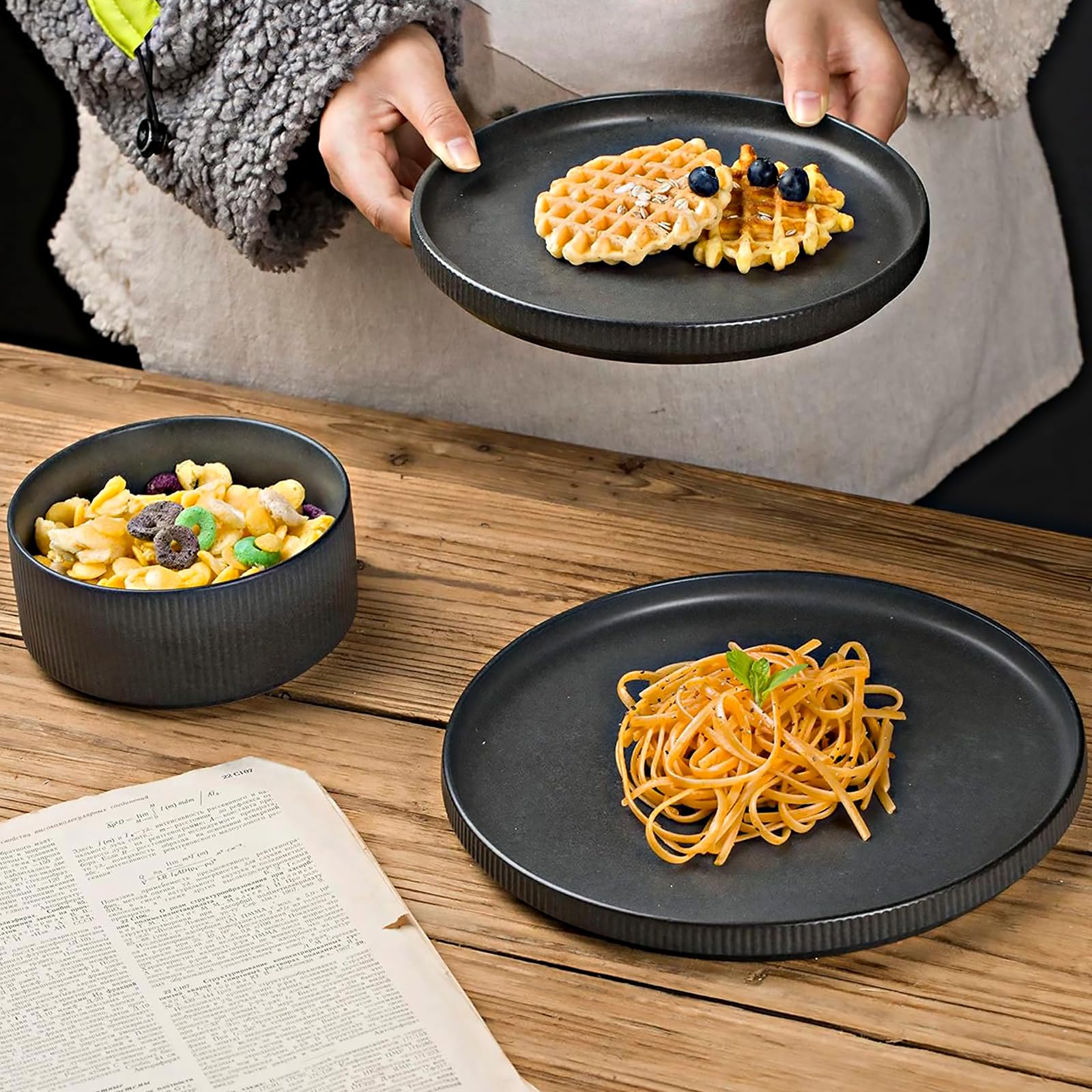 Famiware 8-Inch Star Salad Plates Set of 6 - Premium Stoneware Dinnerware for Dessert, Appetizers & Small Meals - Matte Dark Charcoal Fully Glazed Plates - Perfect for Dinner Parties, Holiday Gatherings & Restaurant Use
