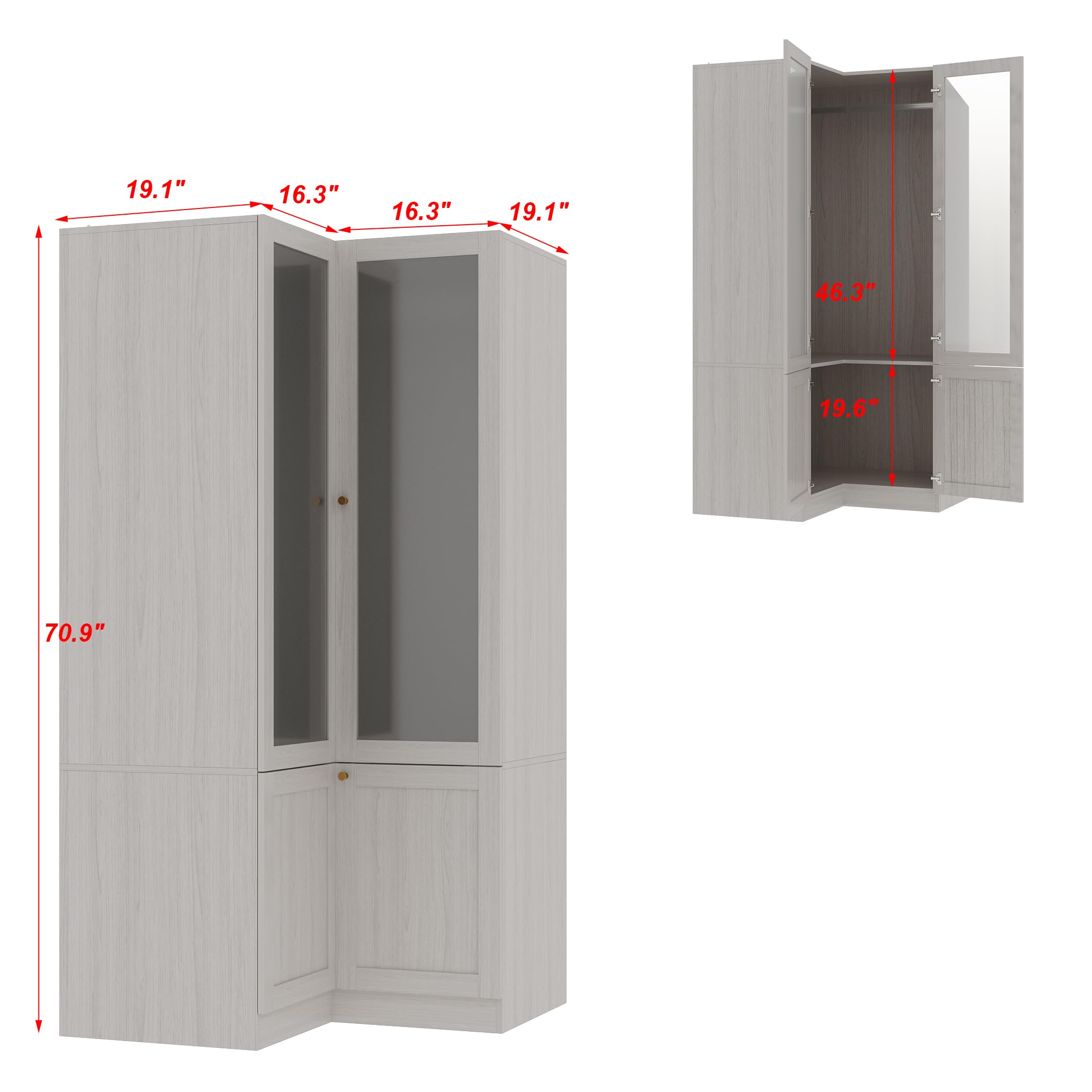 Homsee Warm Grey L-Shape Armoire Wardrobe Closet with Frosted Glass Doors - Wooden Storage Cabinet with Hanging Bar & Shelves for Bedroom (35.4”L x 35.4”W x 70.9”H) - Perfect for Small Spaces, Apartment Organization & Modern Home Decor