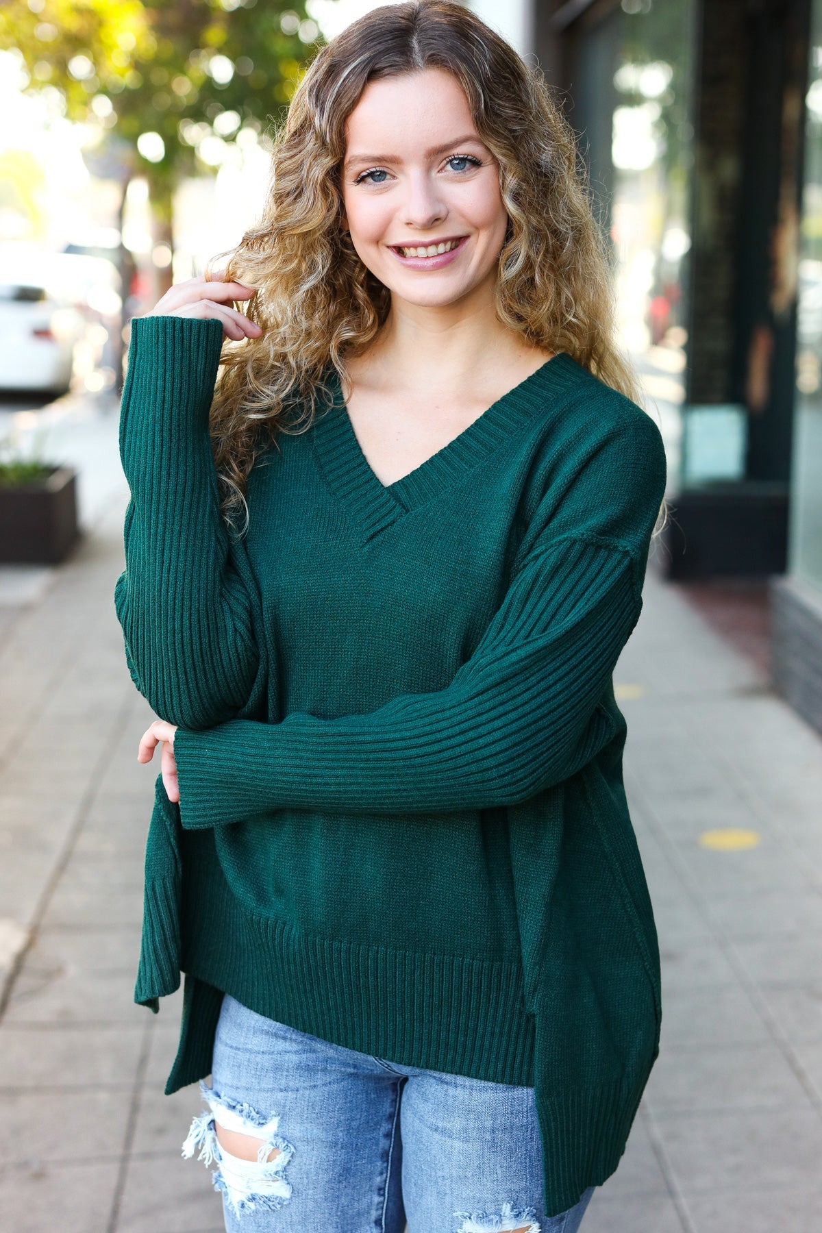Stylish Hunter Green Oversized V-Neck Rib Knit Sweater for Women - Cozy Fall & Winter Layering Essential
