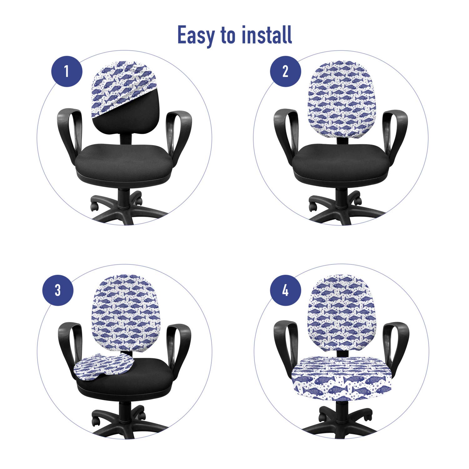 Ambesonne Nautical Office Chair Slipcover - Monochrome Hand-Drawn Fish Pattern with Minimal Bubbles, Stretch Fabric Chair Cover in Violet Blue & White | Perfect for Home Office, Gaming Chair, or Dining Room Decor