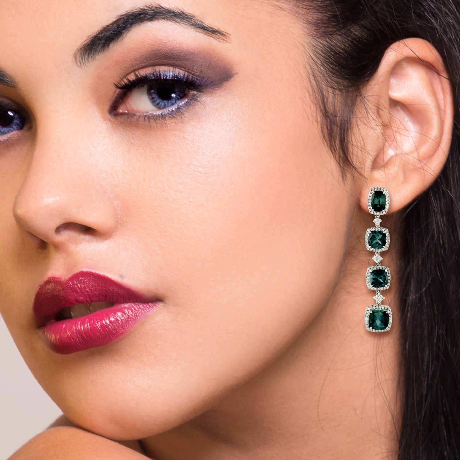 Exquisite 18K White Gold Cushion Cut Green Tourmaline Pave Diamond Drop Earrings for Women - Perfect for Weddings, Parties & Special Occasions
