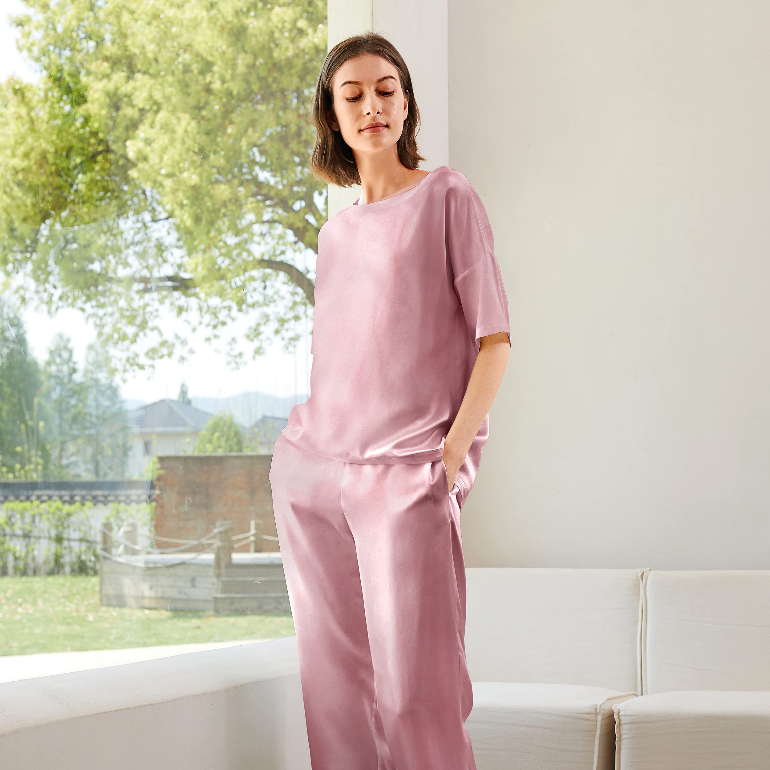 Mommesilk 100% Mulberry Silk Pajama Set for Women - Half Sleeve Summer Sleepwear, Washable & Breathable Silk Pjs - Perfect for Lounging, Travel & Comfortable Nighttime Sleep