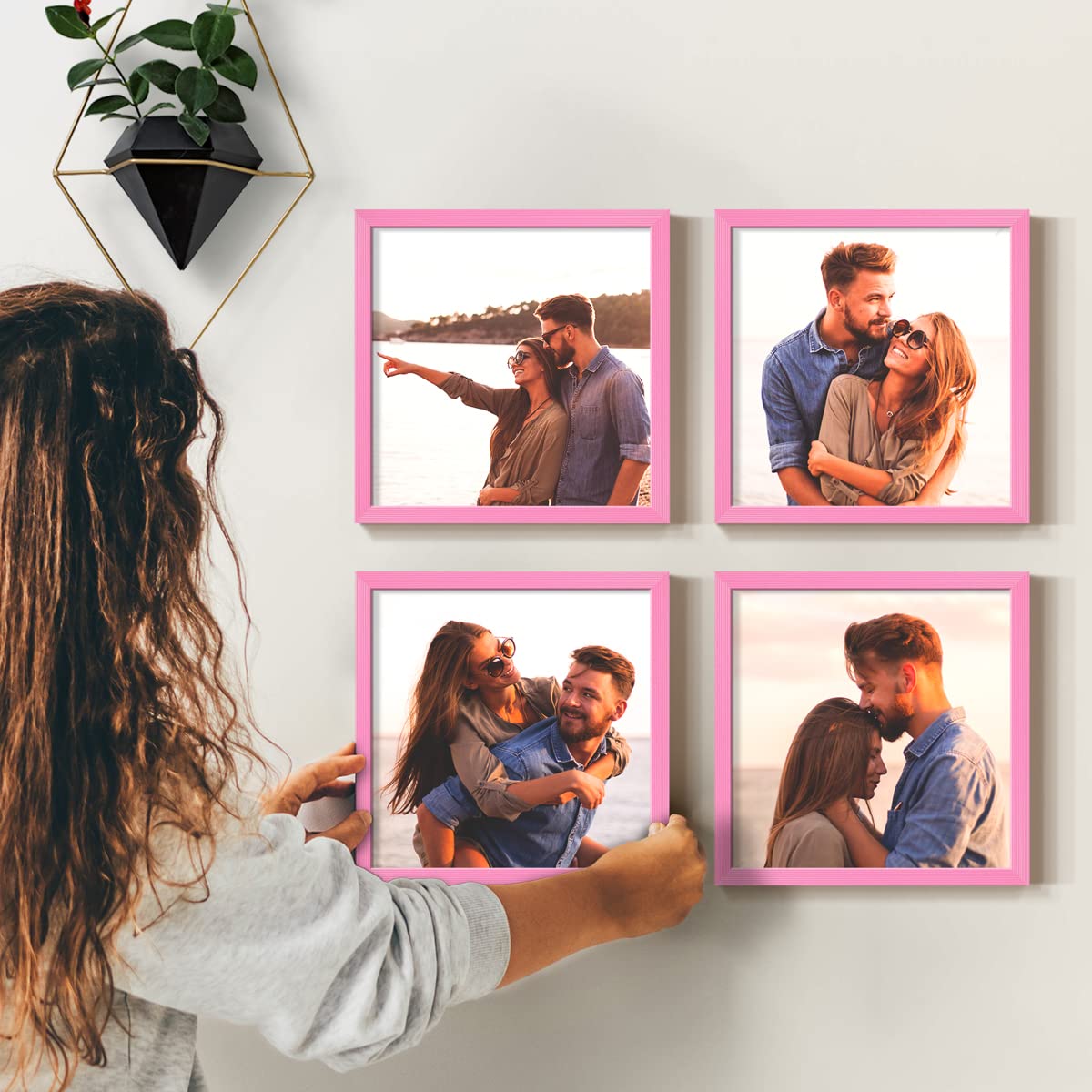 Custom Photo Frames Set of 4 - 8x8 Real Wood Picture Frames with Peel & Stick Backing for Personalized Photo Collages | Pink Wooden Wall Frames for Home Decor, Bedroom, Living Room & Office Display