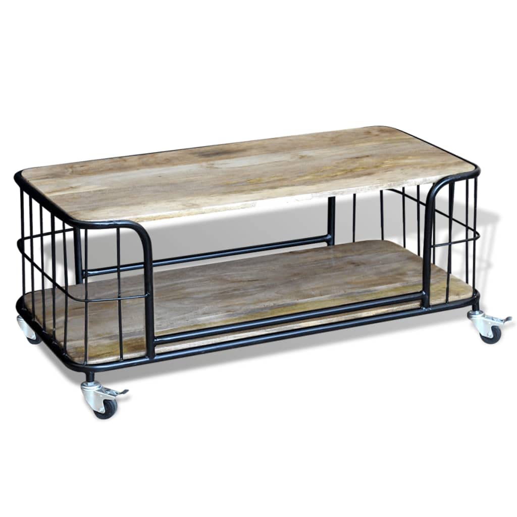 Rustic Solid Mango Wood Coffee Table with Storage and 4 Wheels - 39.4