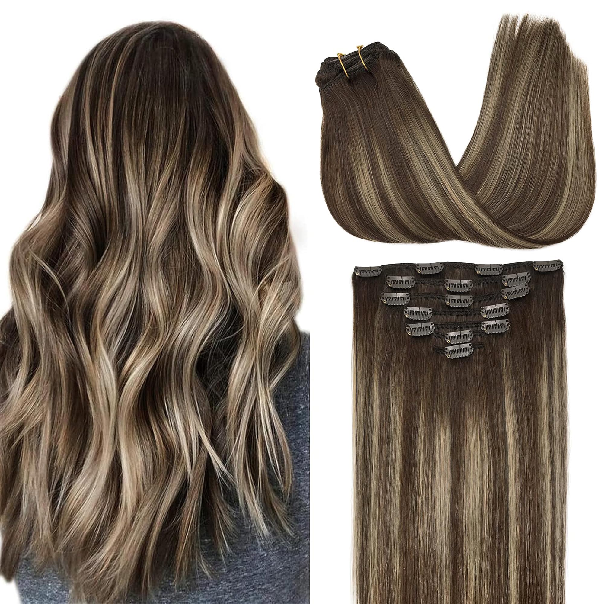 GOO GOO Clip in Hair Extensions 14inch 120g 7Pcs - 100% Remy Human Hair Extensions for Women, Natural 4/26/4 Balayage Chocolate Brown to Honey Blonde - Perfect for Daily Styling, Parties & Special Occasions