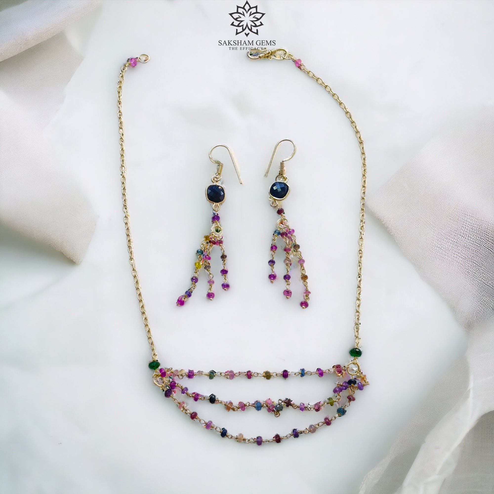 925 Sterling Silver Jewelry Set with 9.26g Natural Untreated Blue & Multi Sapphire Gemstone Beads - Necklace & Drop Dangle Earrings for Women | Perfect for Weddings, Parties & Special Occasions