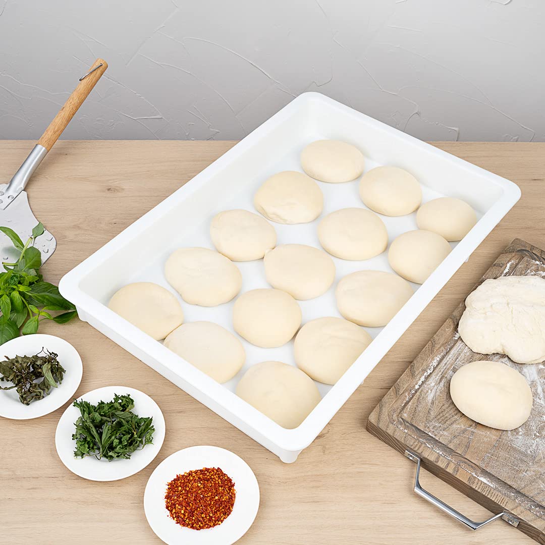 Restaurantware 26 x 18 x 3 Inch Stackable White Plastic Proofing Boxes - Set of 10 Rectangle Dough Boxes with Durable Lids (Sold Separately) | Dishwasher-Safe Pizza Dough Proofing Containers for Bakeries, Pizzerias & Commercial Kitchens