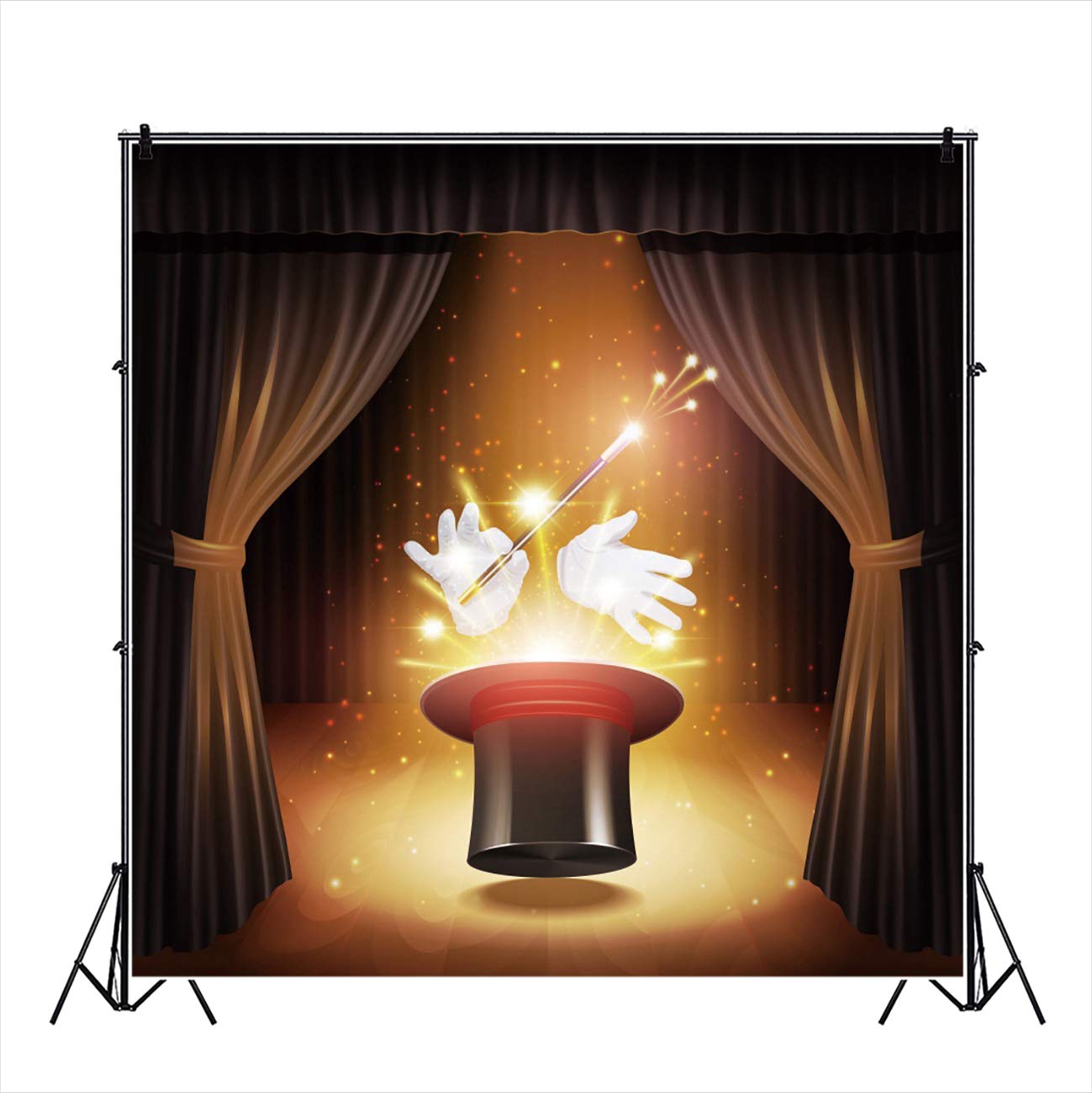 Baocicco 8x8ft Magic Show Backdrop - Shiny Stage Light Curtain with Black Magic Hat & Wand Design - Photography Background for Birthday Parties, Studio Shoots & Themed Events