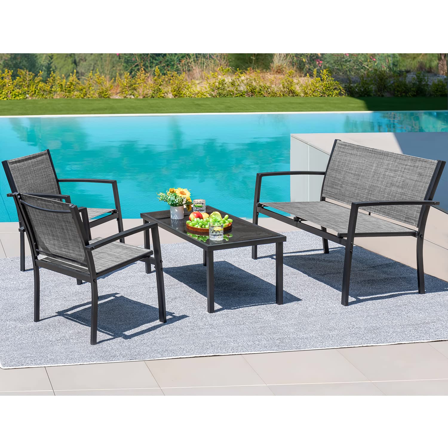 Devoko 4-Piece Outdoor Patio Furniture Set - Grey Wicker Garden Conversation Set with Glass Coffee Table, Weather-Resistant Poolside & Lawn Chairs for Backyard, Porch, Deck or Terrace Relaxation