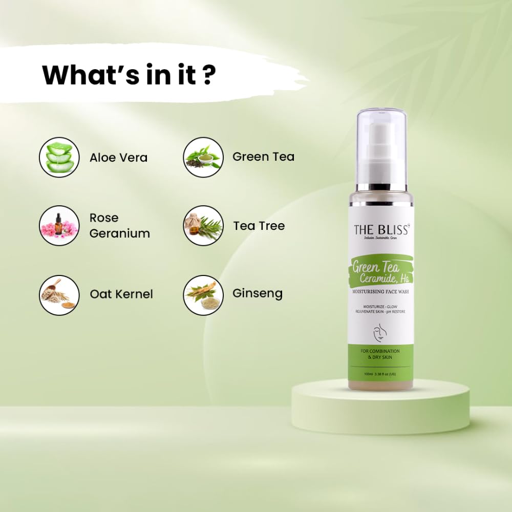 Bliss Green Tea, Aloe, Ginseng & CICA Plant-Based Face Wash for Acne Prone Skin - Sulfate-Free Cleanser for Oily & Sensitive Skin - Men & Women (100ml) | Daily Deep Cleansing & Soothing Skincare Routine