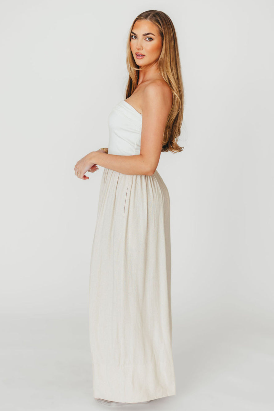 Kaylee Linen & Ribbed Knit Maxi Dress - White/Oatmeal - Elegant Summer Beach Dress for Women, Perfect for Vacations, Weddings & Casual Outings