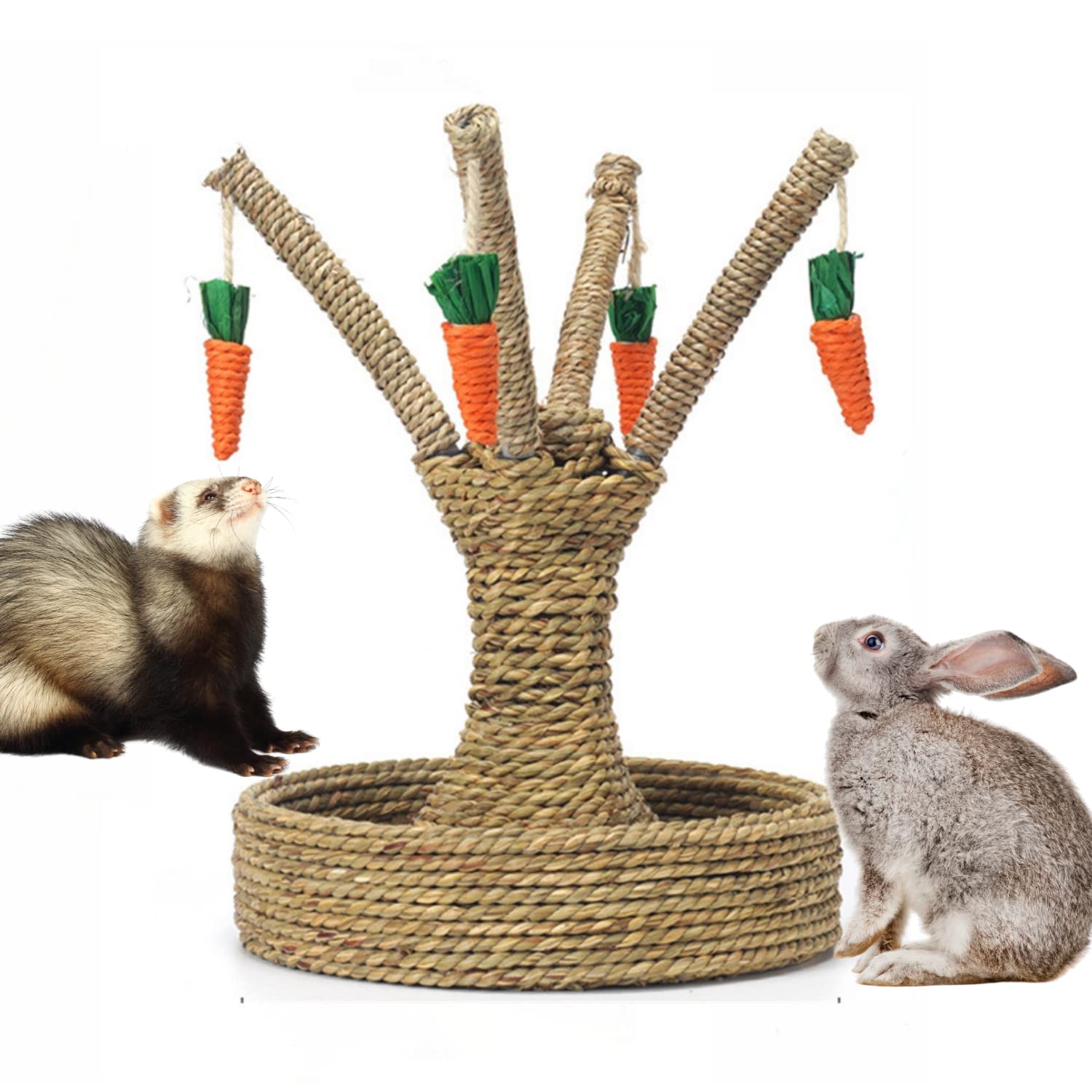 Ferret Scratcher Tree - Bunny Chew Toys for Cats & Small Animals - Rattan Grass Scratcher & Climbing Tree with Carrot Play Toys - Guinea Pig Tooth Cleaning Toy (Seagrass) - Perfect for Playtime & Dental Care