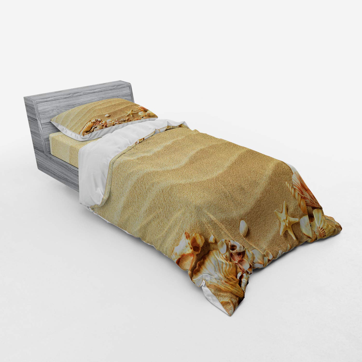 Ambesonne Nautical Beach Duvet Cover Set - 3 Piece Twin Size Bedding with Sham & Fitted Sheet, Sandy Shore & Seashell Design in Sand Brown Coral | Perfect for Coastal Themed Bedrooms, Beach House Decor & Summer Home Styling
