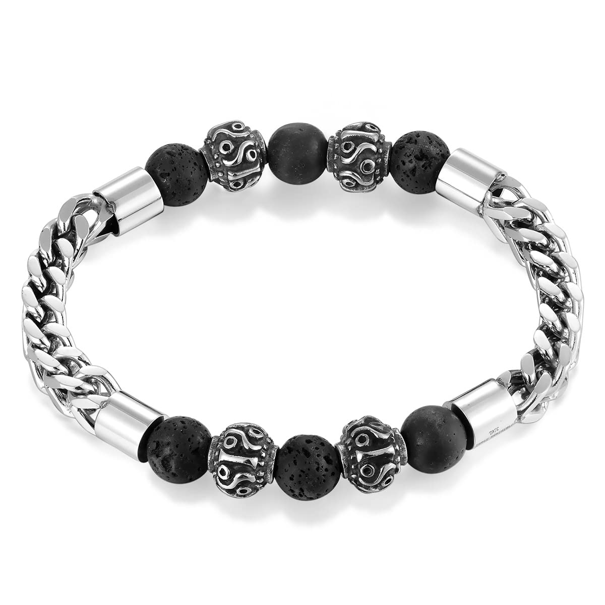 Vintage Square Franco Curb Chain Bracelet with Tribal Lava Stone Beads - Stylish Steel Bangle for Women, Boho Jewelry for Everyday Wear & Party Accessories