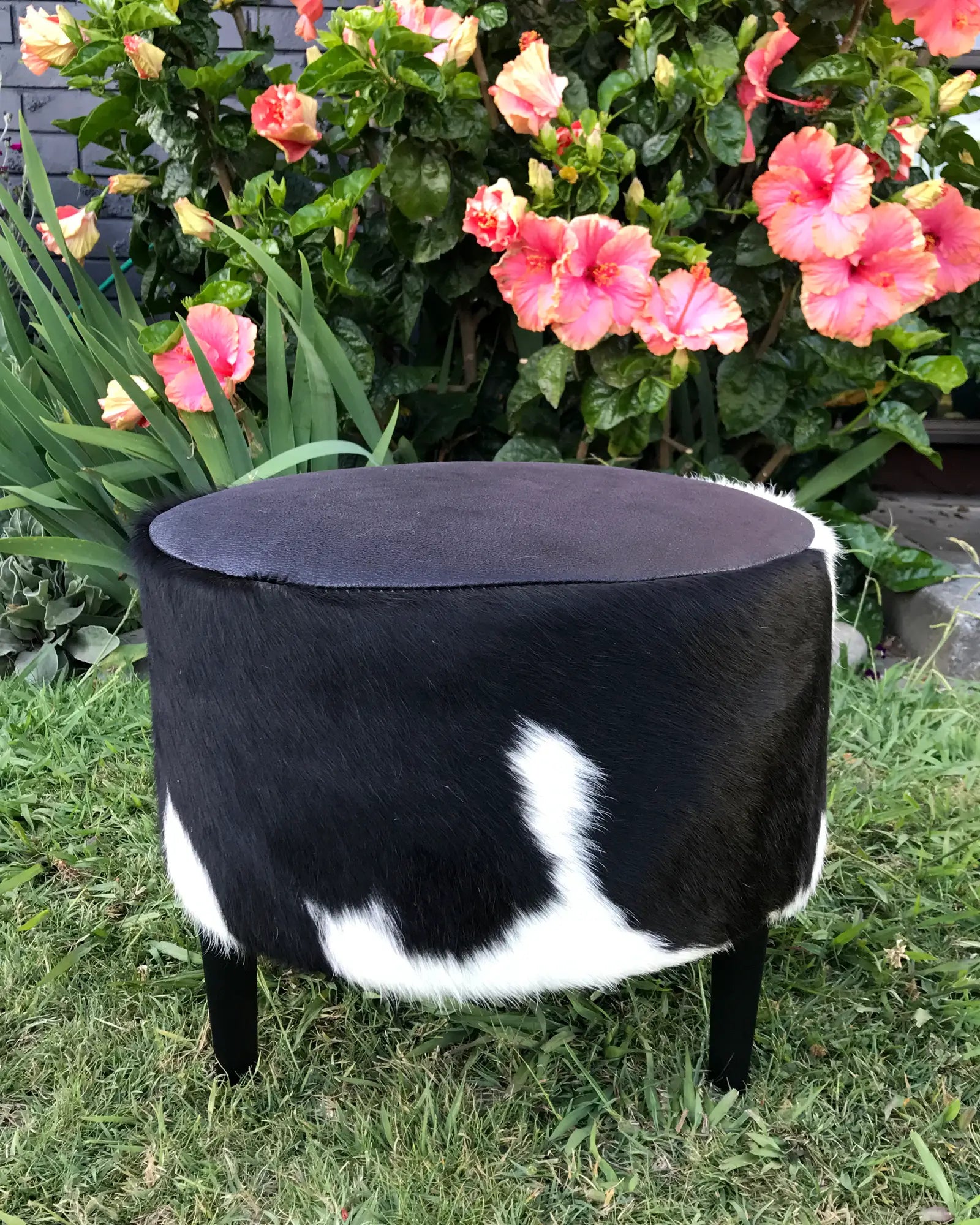 Premium Cowhide Round Footstool - 40x40x34cm Natural Leather Ottoman, Durable & Stylish Living Room Decor for Home, Office, or Lounge Comfort