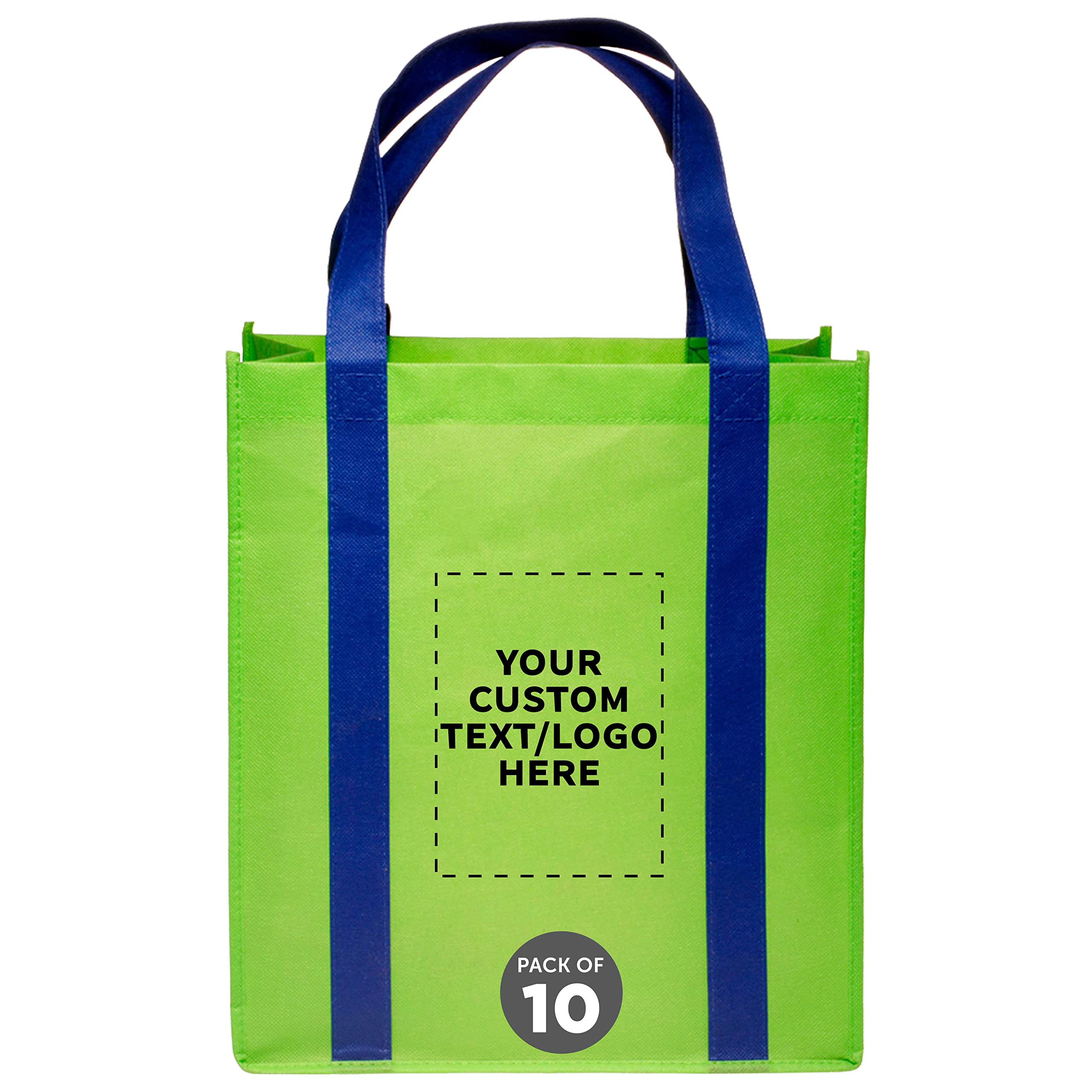 Custom Non-Woven Reusable Shopping Tote Bags - Bulk Pack of 10 Personalized Grocery Bags - Eco-Friendly Totes for Shopping, Beach, Picnic & Wedding Favors - Lime Green Blue - Perfect for Retail Promotions, Farmers Markets & Corporate Events