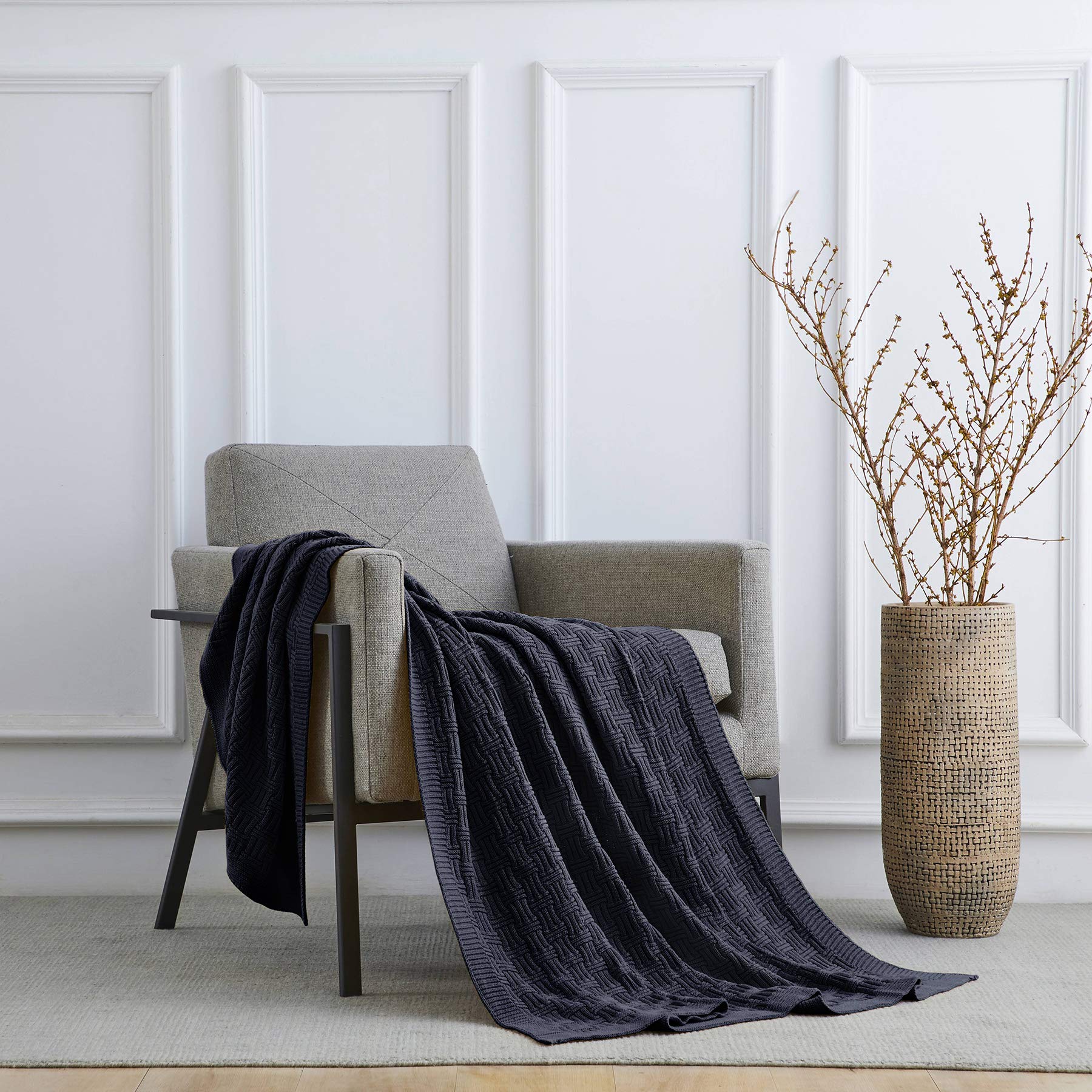 Premium Navy Blue Cable Knit Throw Blanket - Soft Cotton 50
