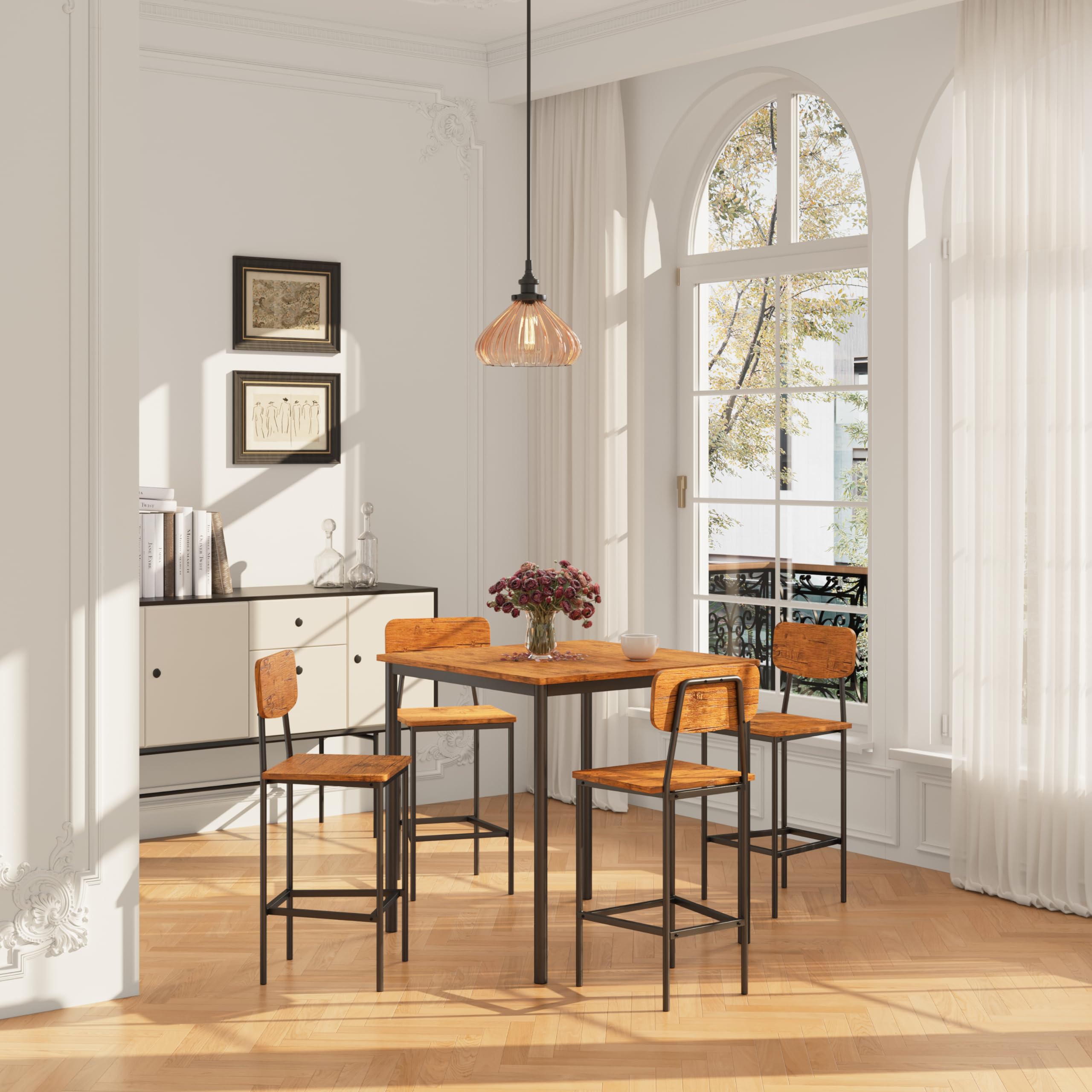 4-Piece Industrial Dining Table and Chairs Set - Space-Saving Brown Kitchen Furniture for Family Dinners & Entertaining | Perfect for Small Spaces, Apartments, and Modern Farmhouse Decor