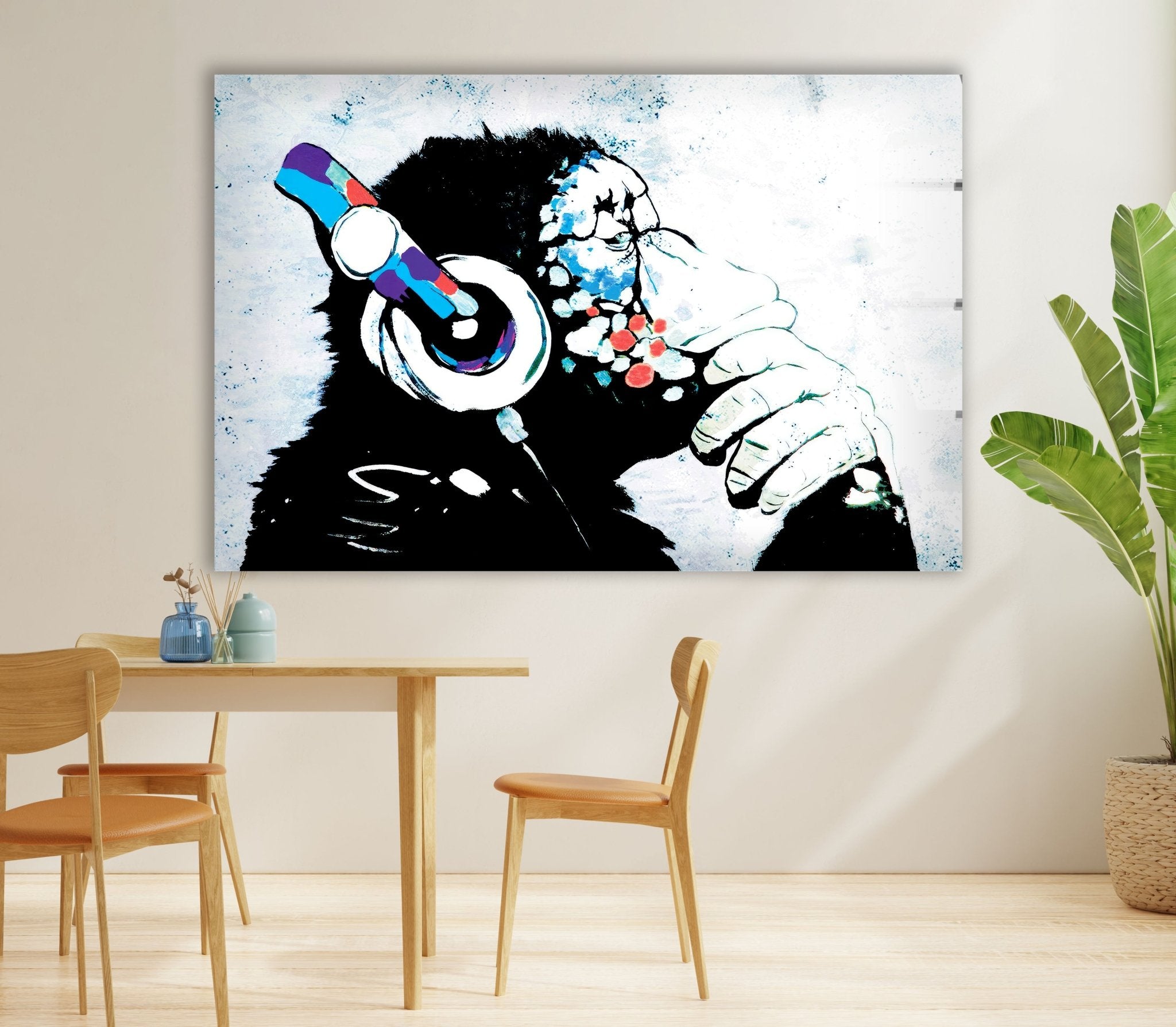 Banksy DJ Monkey Glass Wall Art - Modern Home Decor for Living Room, Bedroom & Office - Unique Street Art Gift for Music Lovers