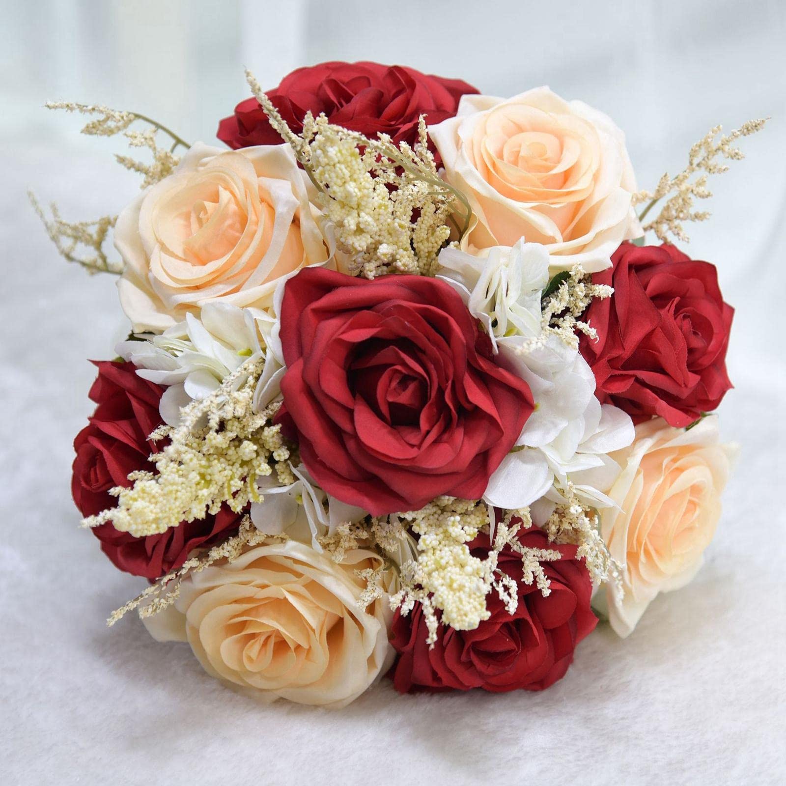 Artificial Wedding Bouquet - Bridal Silk Flower Bouquet for Bridesmaids, Church, Anniversary Decor - Red Roses for Wedding Toss, Reception & Photo Backdrop