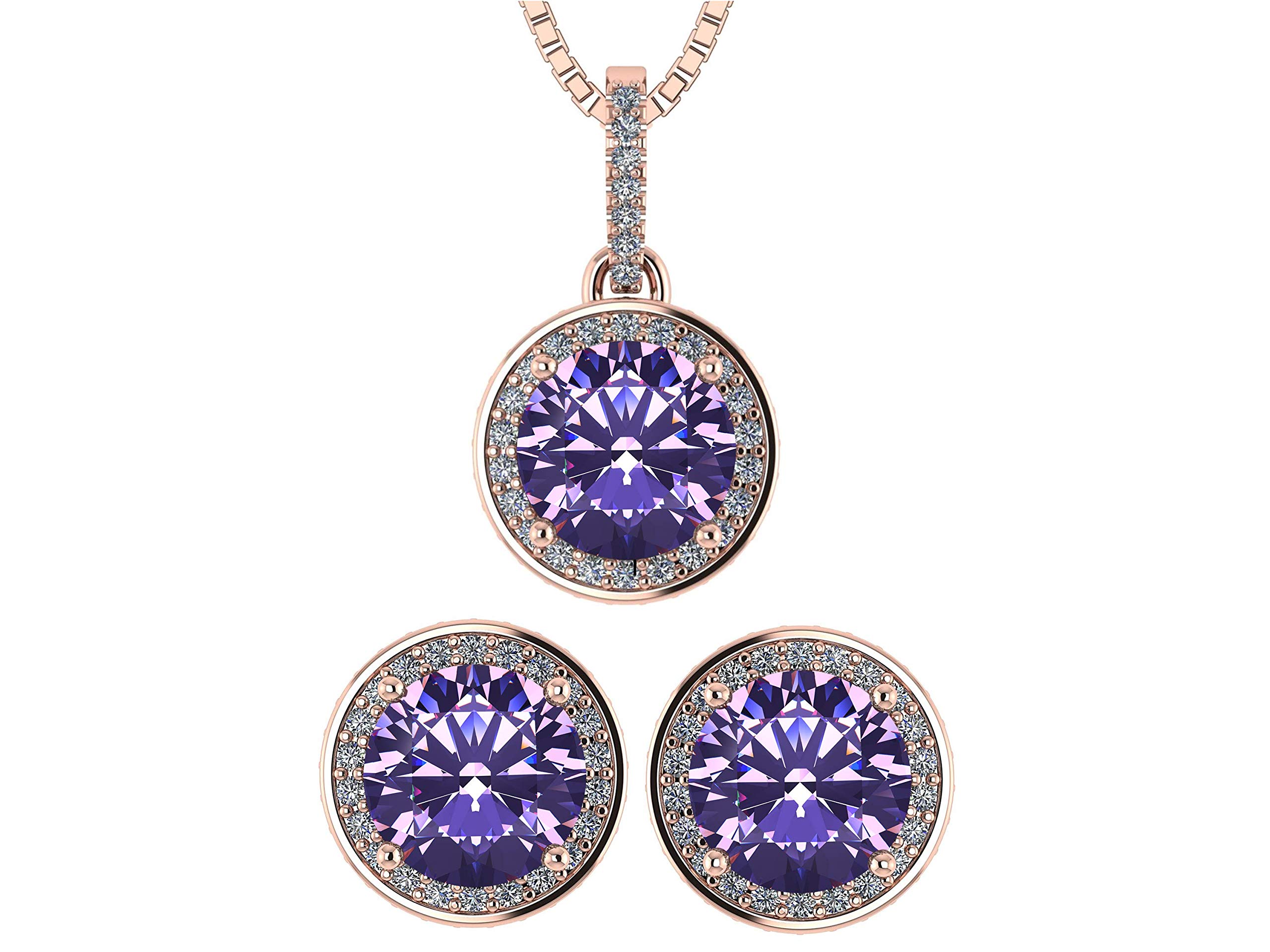 Central Diamond Center Round Halo Earring & Necklace Set with 6.5mm Simulated Birthstones in 925 Sterling Silver, Hypoallergenic Jewelry for Women - Perfect for Birthday Gifts, Anniversary, Wedding, and Special Occasions