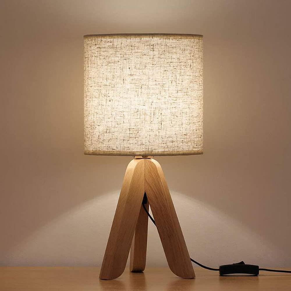 American Style Wooden Tripod Bedside Table Lamp with Gray Fabric Linen Shade - Plug-in Button Switch, 13.4 Inch Height - Perfect for Bedroom, Living Room, Office & Home Decor | Nightstand Lighting, Reading Lamp, Cozy Ambience