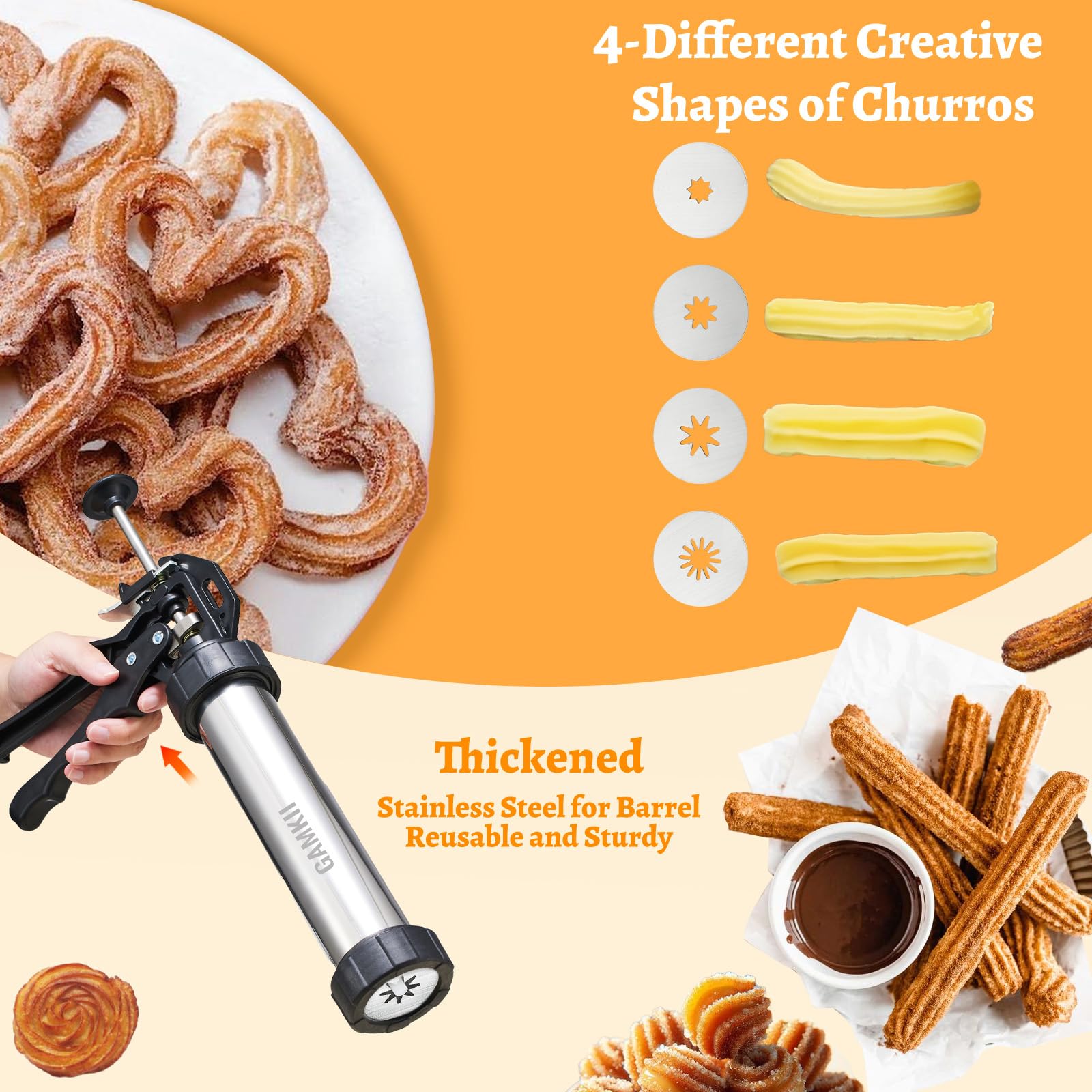 Stainless Steel Churro Maker Kit with 4 Hollow Churro Discs, 5 Cookie Discs & 6 Icing Nozzles - Includes Piping Bags, 2 Cleaning Brushes & Cookie Press for Donuts - Perfect for Home Baking, Parties & Dessert Making