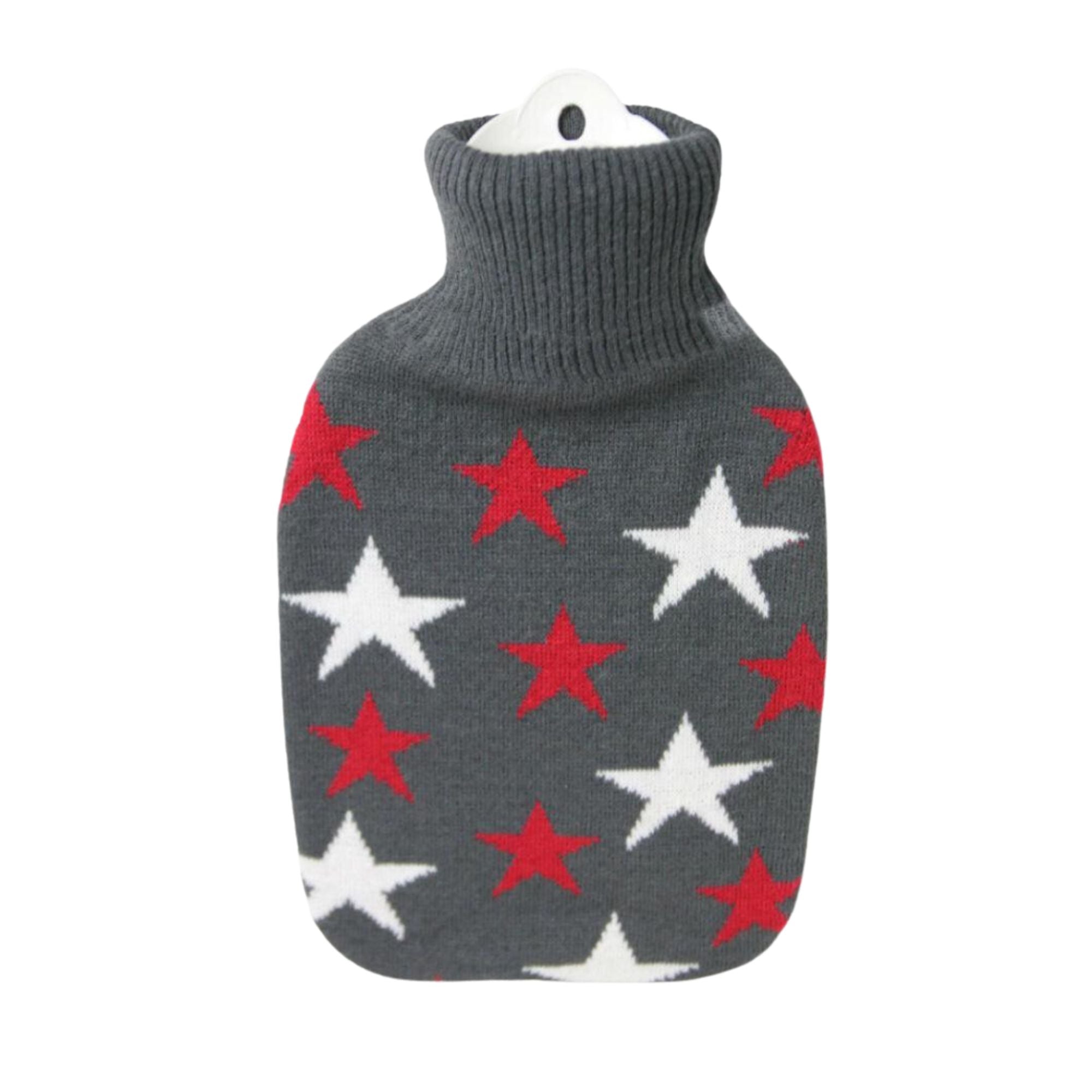 1.8L Hot Water Bottle with Knitted Star Cover - Grey, Red & White | Rubber-Free | Perfect for Winter Warmth, Pain Relief & Cozy Nights