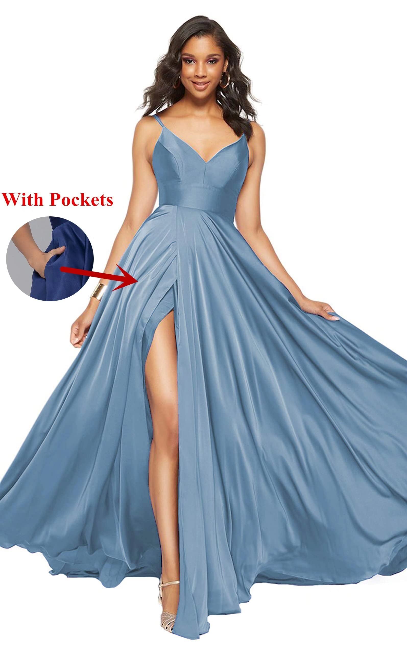 Women's Long Emerald Green Satin Prom Dress 2022 | Spaghetti Strap High Slit Maxi Formal Evening Gown | Plus Size 20 | Perfect for Homecoming, Prom Night & Black Tie Events