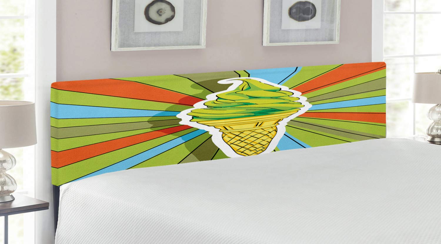 Ambesonne King Size Upholstered Metal Bed Headboard with Memory Foam - Hand Drawn Ice Cream Cone Design with Colorful Rays in Lime Green & Multicolor - Perfect for Kids' Rooms, Bedroom Decor & Modern Home Styling