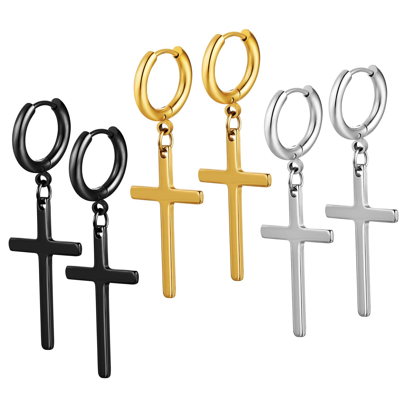 HZMAN Stainless Steel Cross Dangle Earrings for Men & Women - Huggie Hoop Earrings with Stud Piercing - Perfect for Gifts, Parties, and Everyday Fashion Accessories