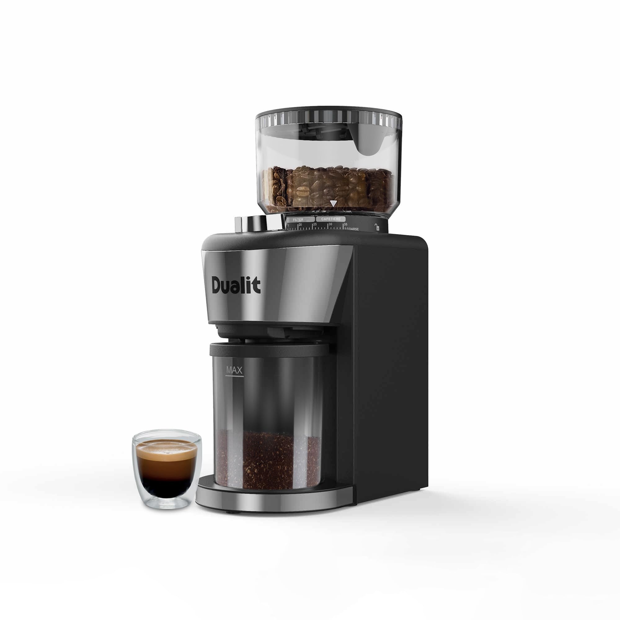 Dualit Professional Burr Coffee Grinder - 35 Precise Grind Settings for Espresso to French Press - Adjustable Portion Control & Removable Stainless Steel Conical Burrs - Easy Clean Design with Safety Lock - Perfect for Home Baristas & Coffee Shops
