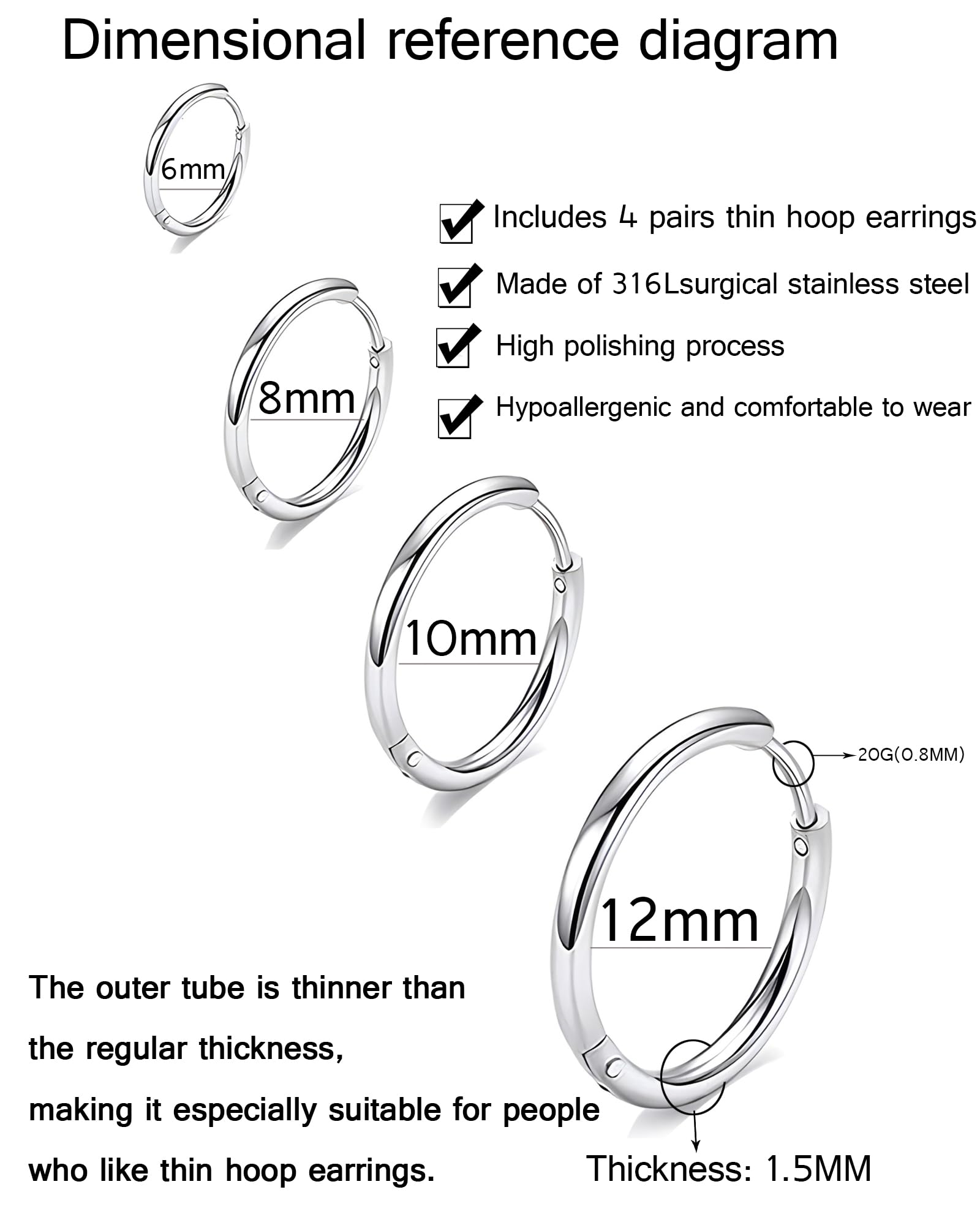 Hypoallergenic 316L Surgical Stainless Steel Huggie Hoop Earrings - 6mm to 14mm Sizes for Cartilage, Helix & Lobes - Hinged Sleeper Earrings for Men & Women - Perfect for Daily Wear, Work & Special Occasions