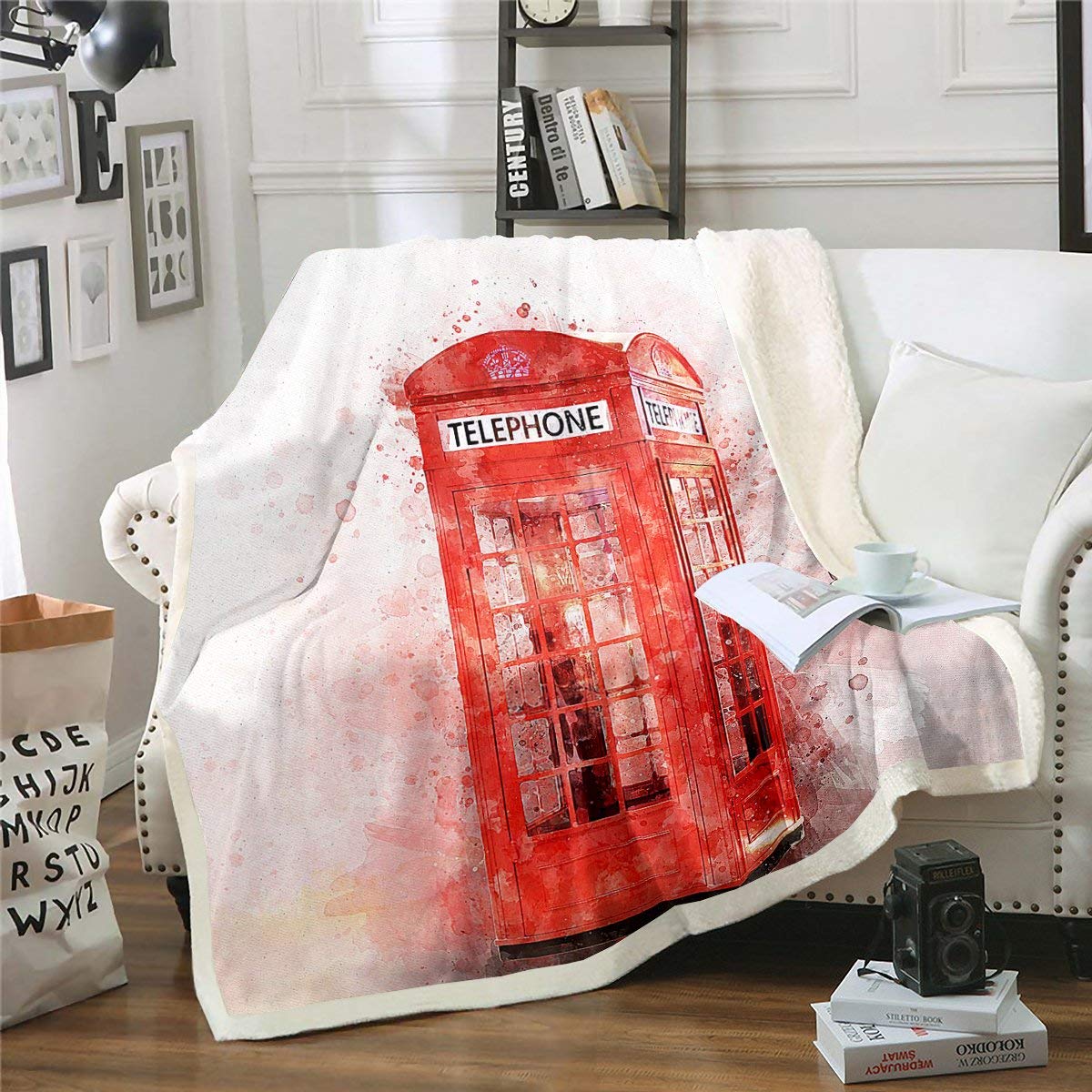 Vintage UK Telephone Booth Sherpa Blanket - Soft Plush Fleece Throw with Retro London Theme (50x60 Inches) - Warm Red Fuzzy Blanket for Bed, Sofa & Couch - Perfect for Cozy Nights, Movie Time & British-Themed Room Decor