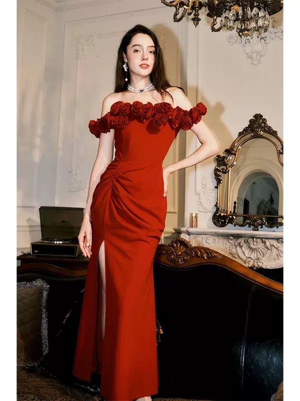 Elegant Off-The-Shoulder 3D Floral Red Evening Dress with High Slit - Perfect for Prom, Cocktail Parties & Date Nights - Style J6537