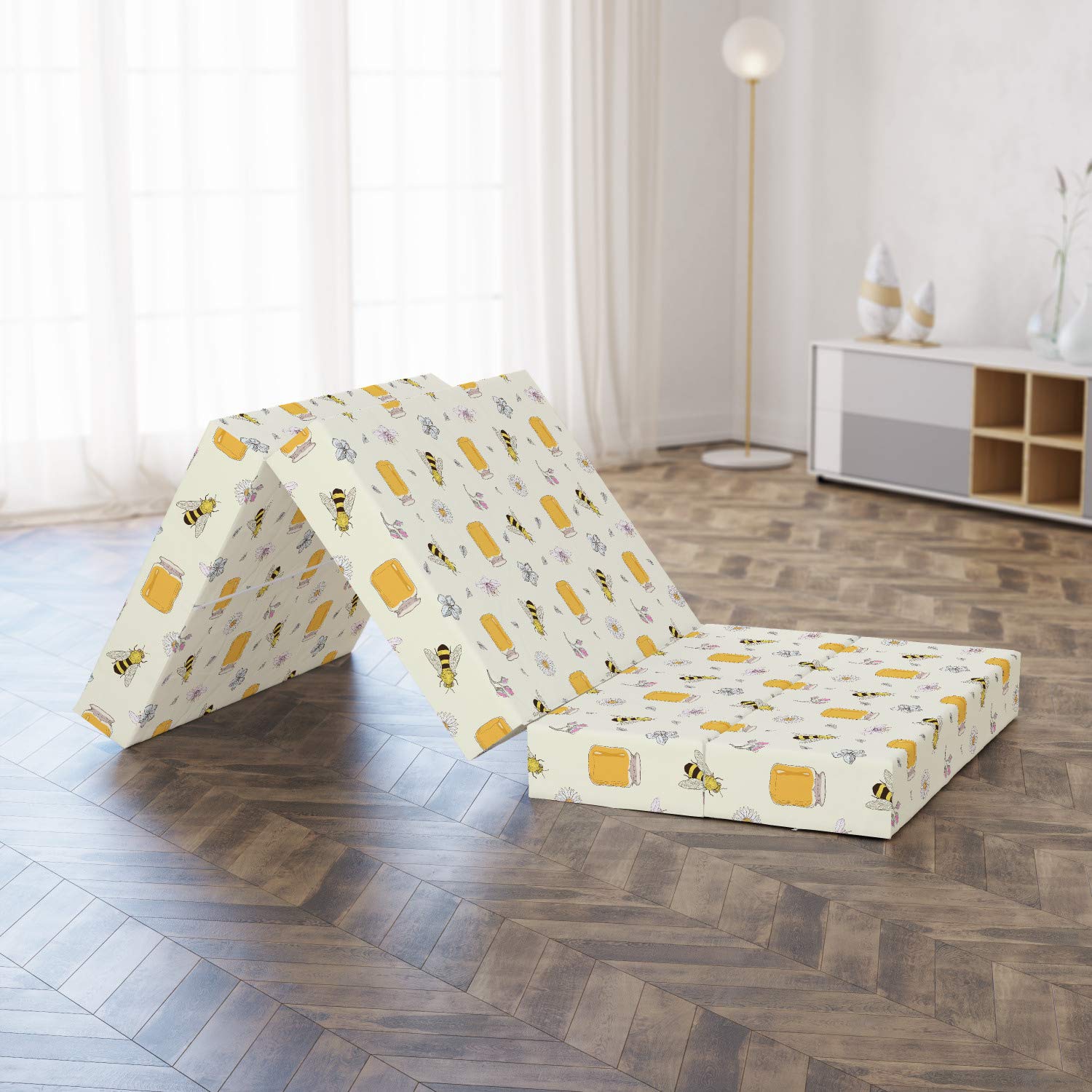 Ambesonne Bee Print Foldable Mattress - Honey Jars, Insects & Floral Design, 74.8