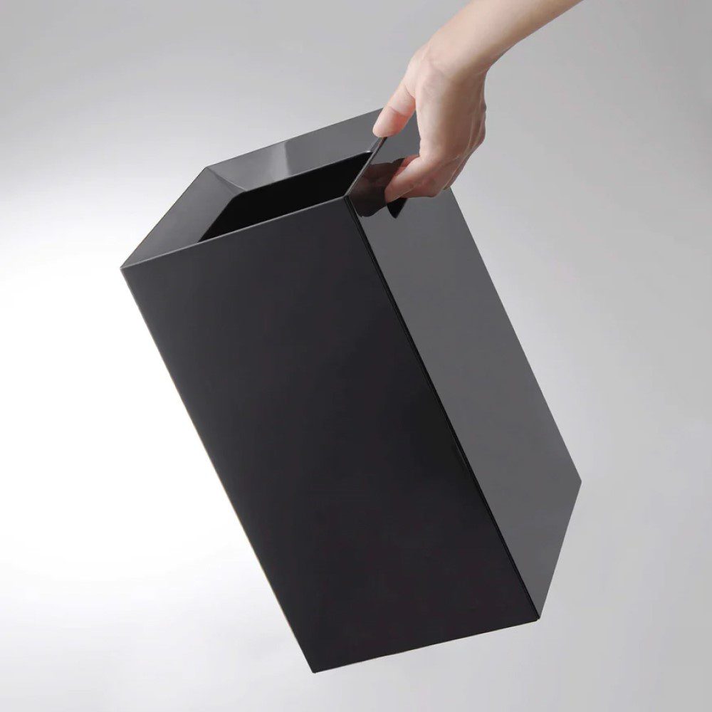 YAMAZAKI Tower Square Trash Can - 33cm/13in Stainless Steel Small Waste Bin for Bathroom, Kitchen & Office - Modern Black Garbage Can with Lid for Home & Office Use