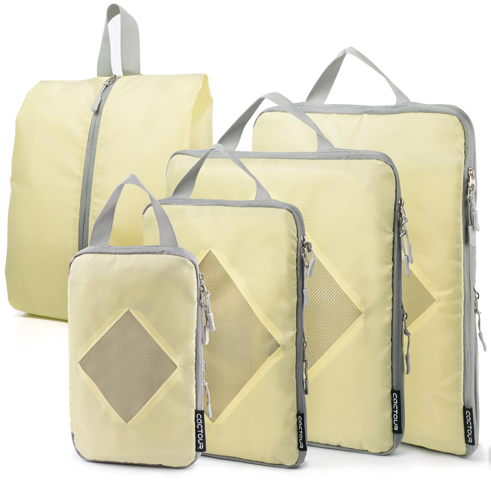 5-Piece Lightweight Compression Packing Cubes Set for Travel - Expandable Luggage Organizers with Compression Zippers, Suitcase Storage Bags (Beige/Yellow) | Perfect for Business Trips, Family Vacations & Weekend Getaways