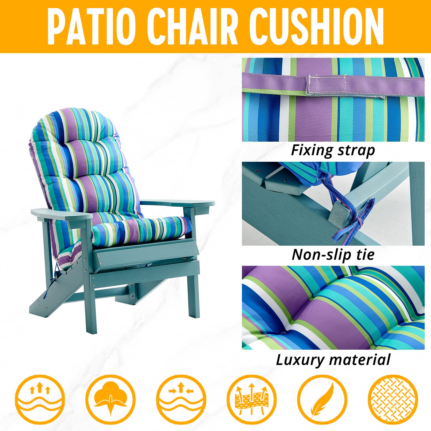 FILUXE Waterproof Adirondack & Rocking Chair Cushions - High Back Patio Pillow with Ties, Fade-Resistant All-Weather Indoor/Outdoor Seat Cushion (Stripe Blue, 2-Pack) for Garden, Deck, Porch & Poolside Relaxation