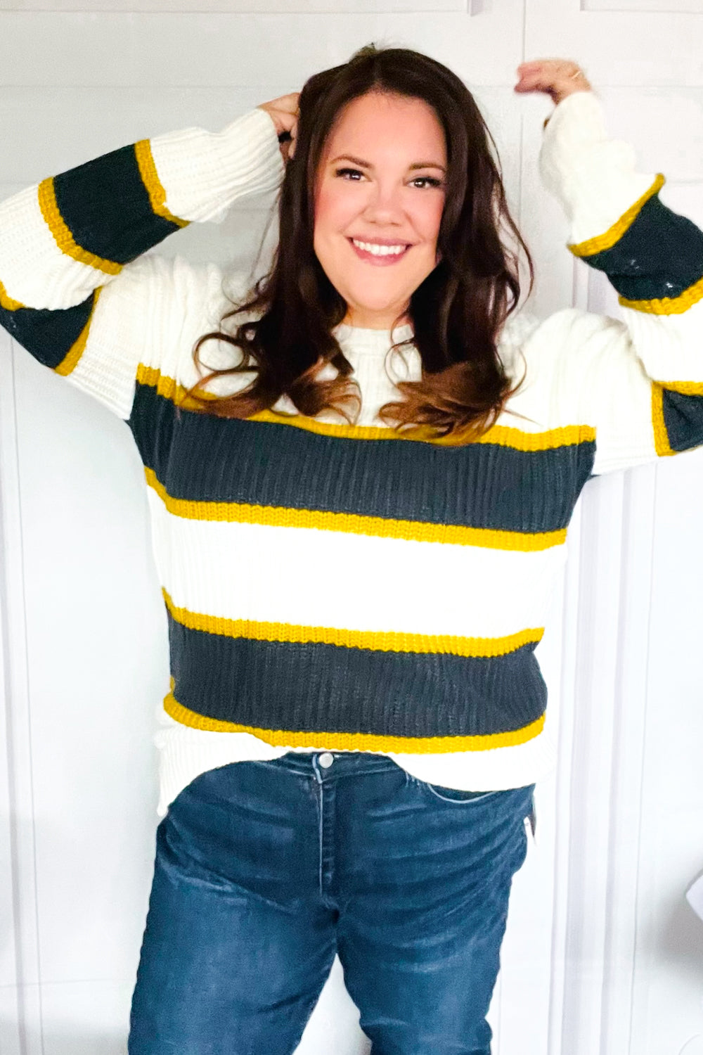PLUS Casual Chic Yellow & Ivory Stripe Oversized Knit Sweater for Women | Cozy Winter Pullover | Perfect for Office, Date Night & Weekend Outfits